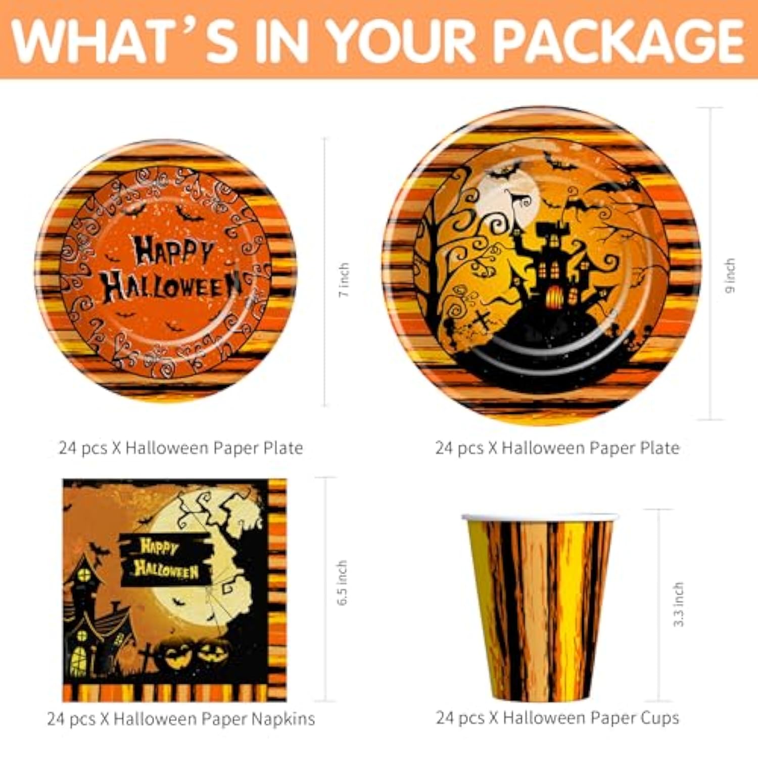 Halloween Party Tableware Set Plates Napkins Cups Tablecloth Disposable Cutlery Straws Serves 24