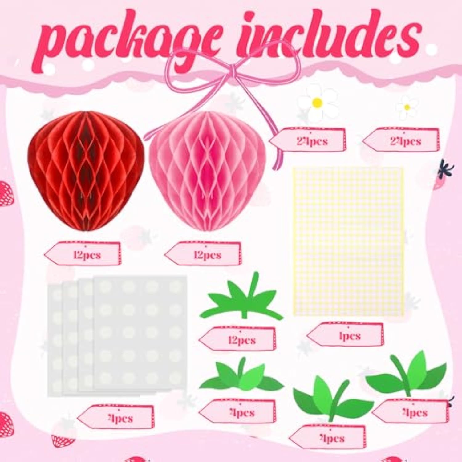 24 Pcs Strawberry Party Decorations Strawberry Honeycomb Balls Birthday Favors Berry First Theme Table Centerpieces Tissue Paper Honeycomb Tabletop Hanging Decor Party Supplies(Red, Pink)