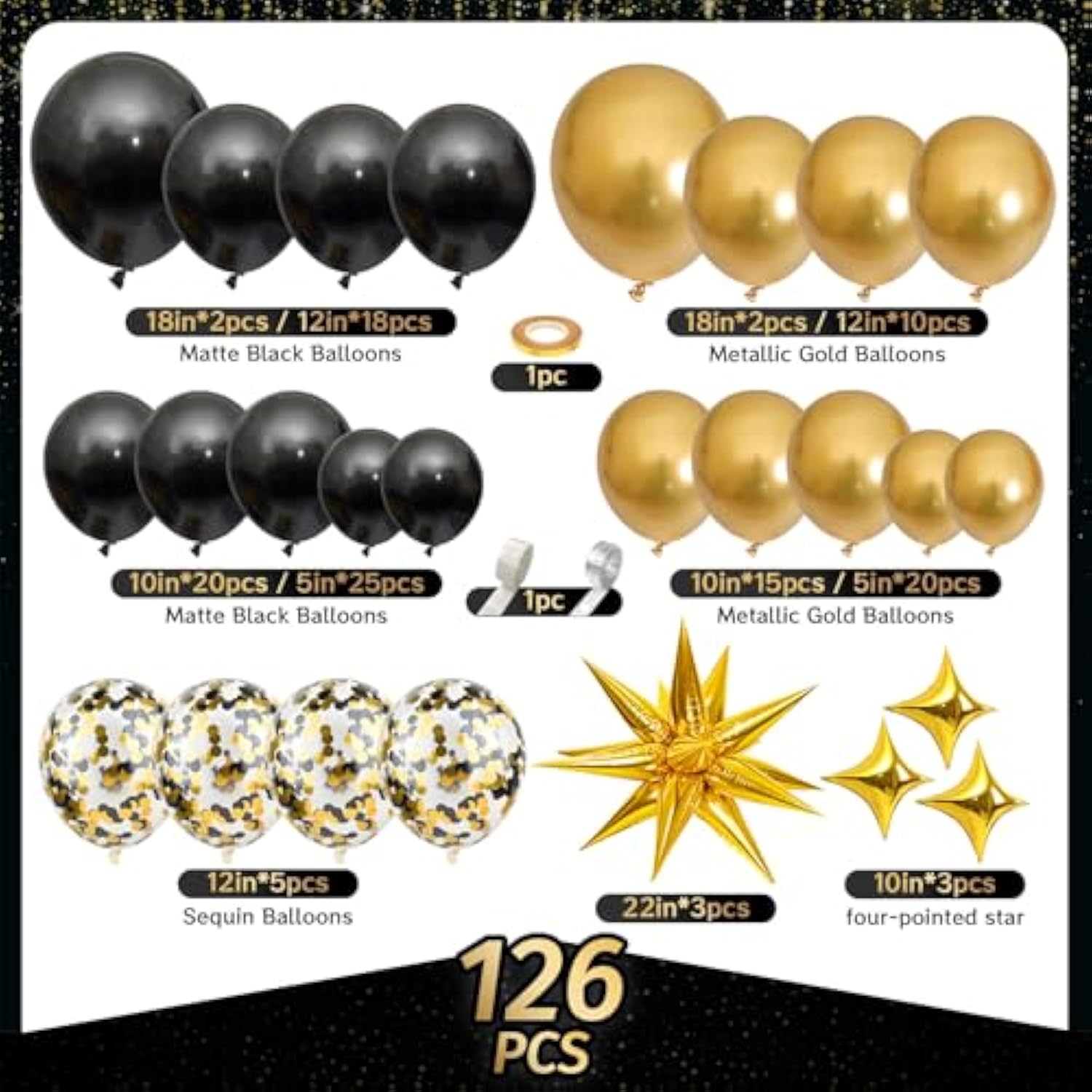 126 Pcs Black Gold Balloon Arch Kit Metallic Confetti Party Decor