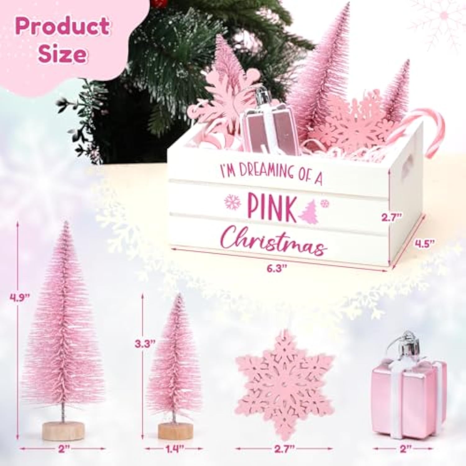 Christmas Table Decor Tiered Tray Centerpiece With Mini Pink Tree, Snowflake, Candy Cane Basket, Wooden Crate Set - I'M Dreaming Of A Pink Christmas Home Decorations Gifts For Women