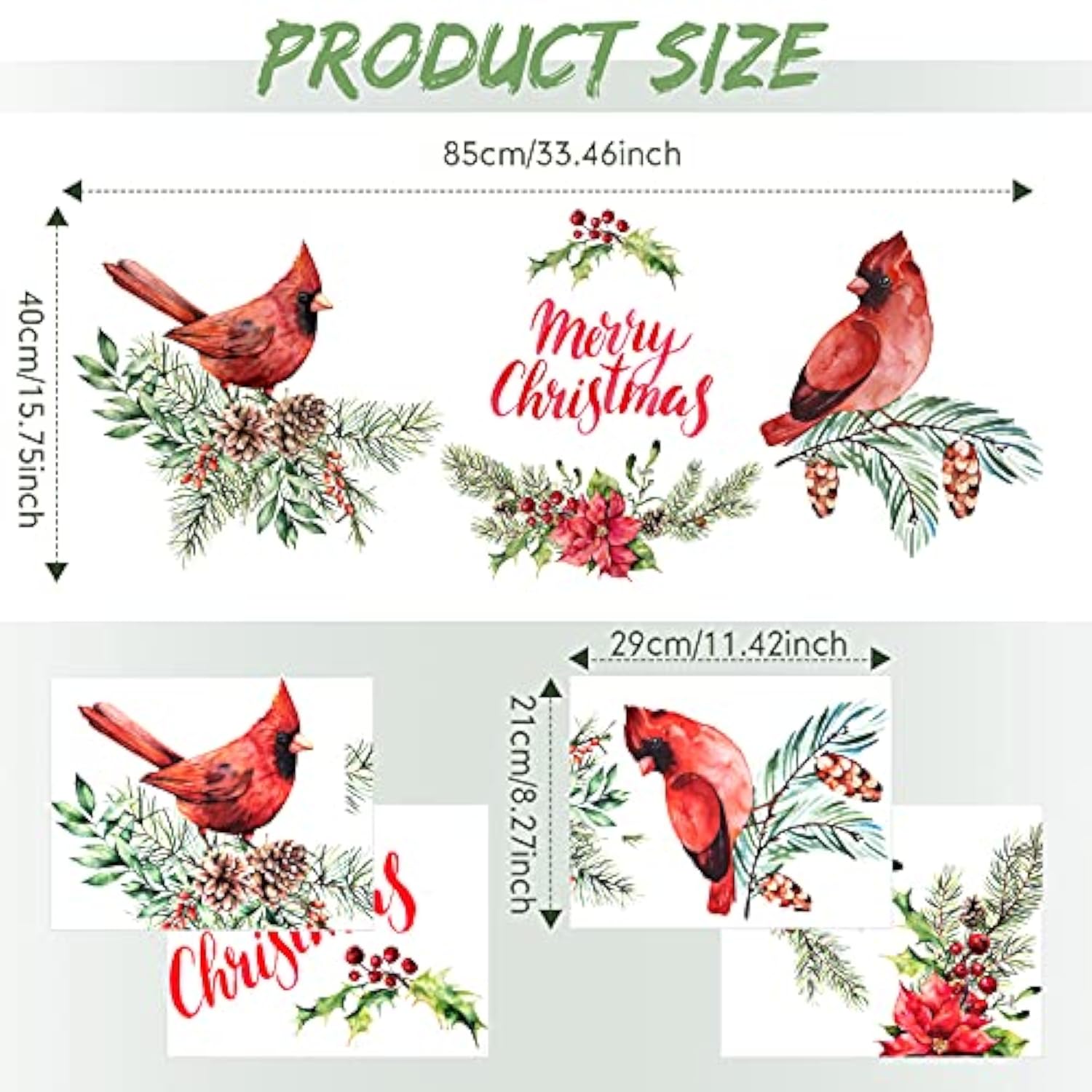 Cardinal Sticker, 4 Pieces, Merry Christmas Wall Decal, Red Bird Vinyl Decal, Pine Cones Window Cling For Wall, Office, Home, Bathroom Decor, Christmas Decoration