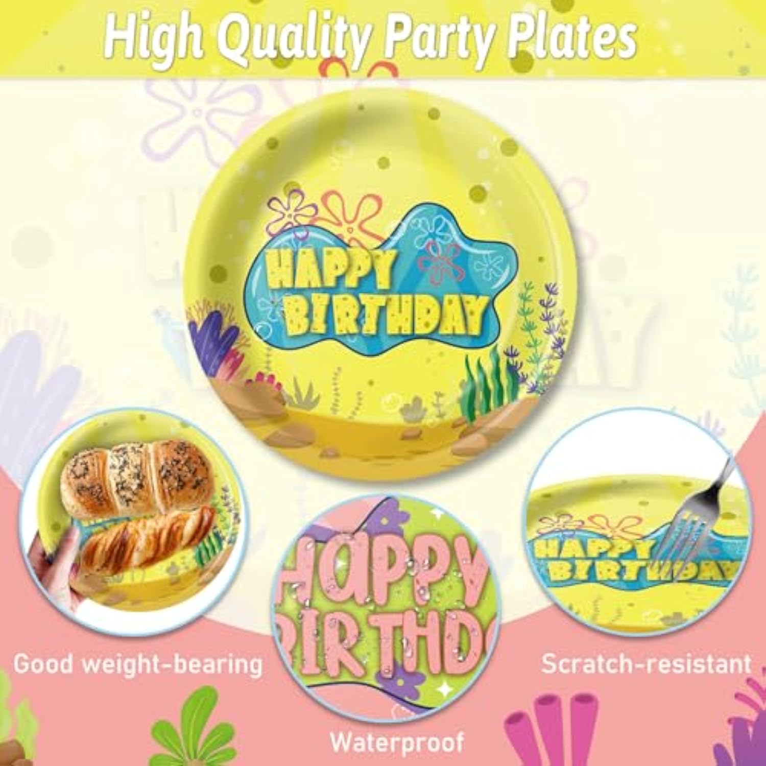 Yellow Cartoon Birthday Party Tableware Set – Ocean Theme Plates, Napkins, Forks, Disposable Party Decorations For Kids Birthday, Sea Underwater Theme Supplies For 24 Guests