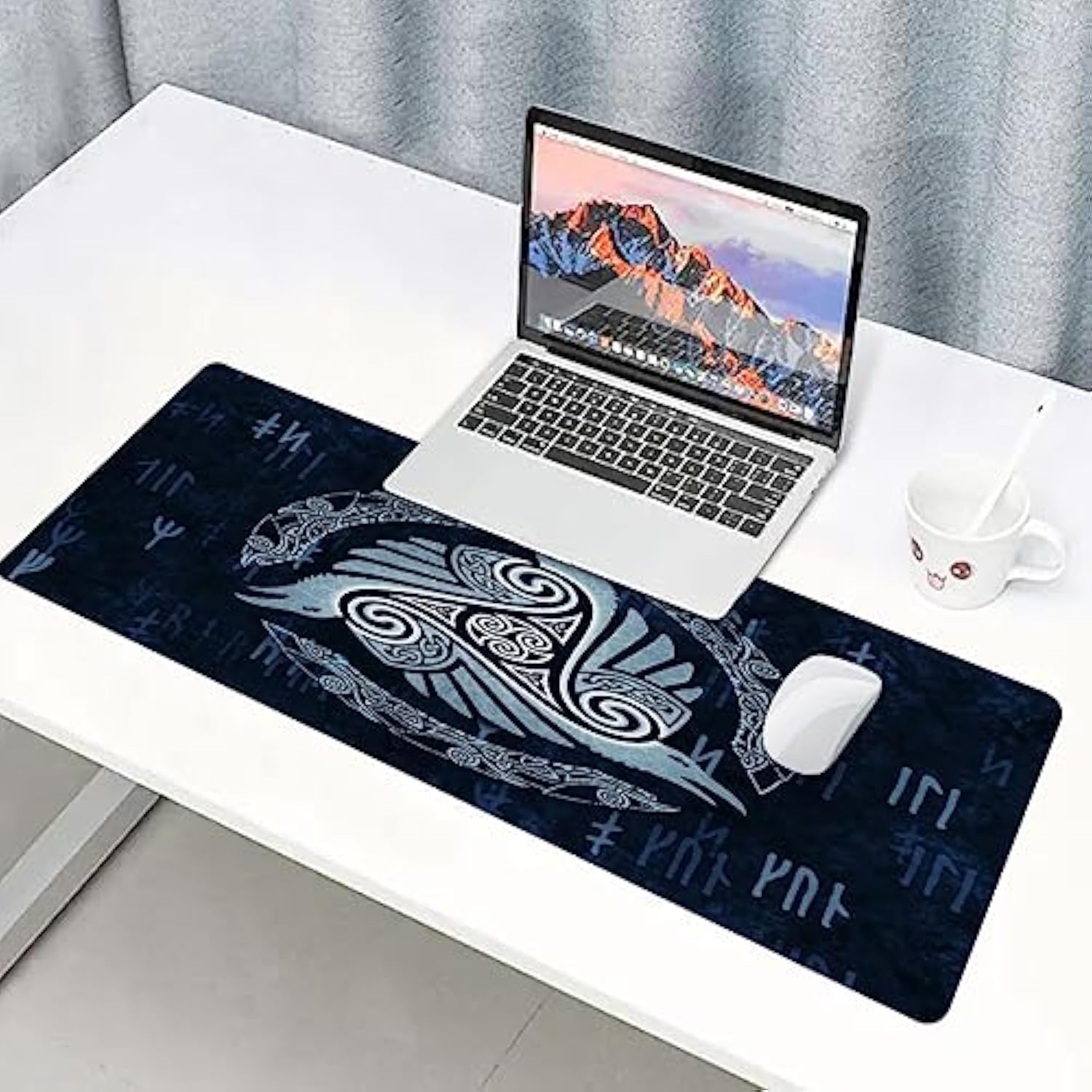 Viking Large Mousepad 31.5X11.8 Inches Nordic Meditation Rune Gothic Triangular Crow Graphic Printed Game Mousepad For Office Computer Desk Decoration Bdxpmn210
