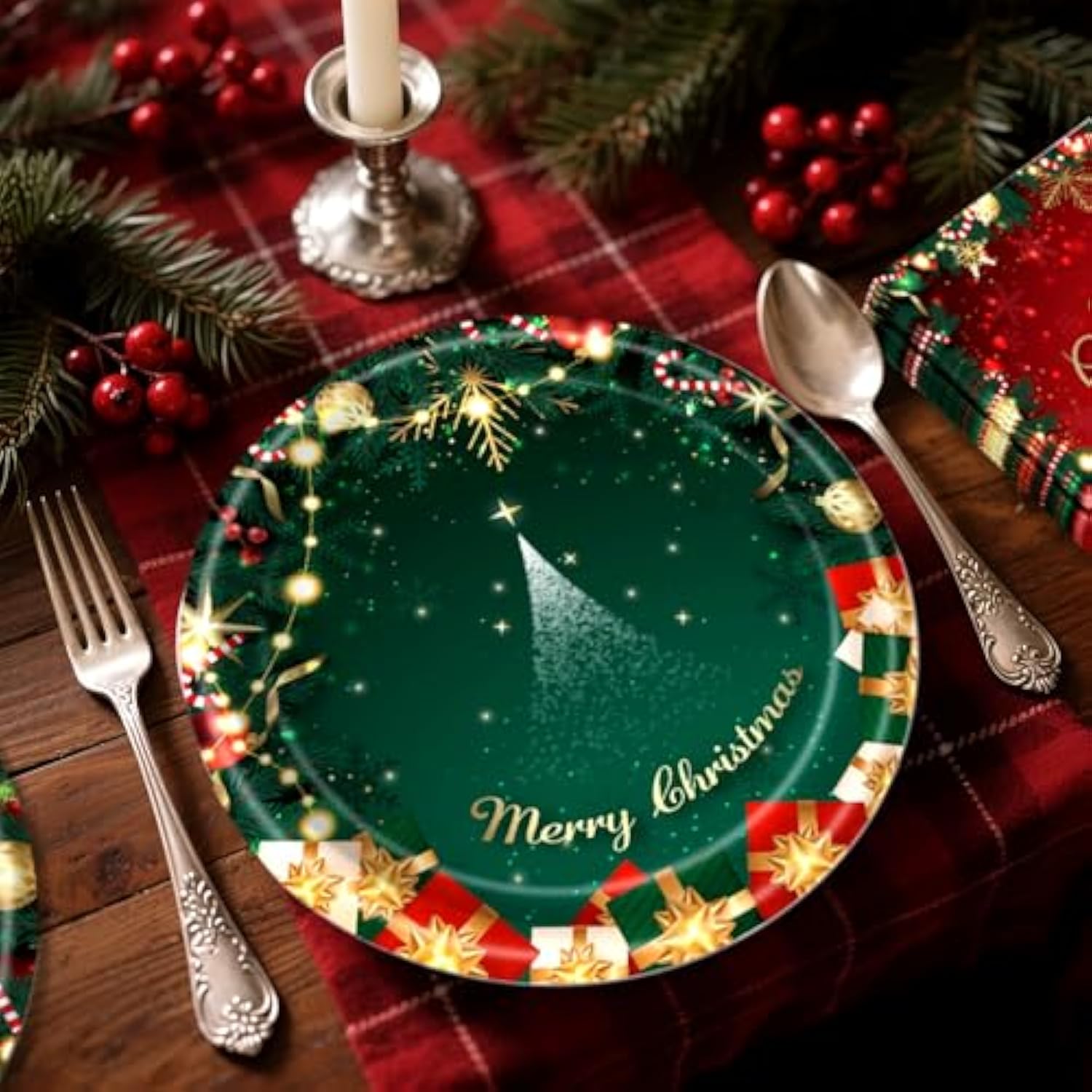 52 Pcs Christmas Party Paper Plates Napkins Merry Christmas Tableware Decorations Red Green Xmas Plates Disposable Napkins Paper Dishes Holiday Party Supplies Serve 16