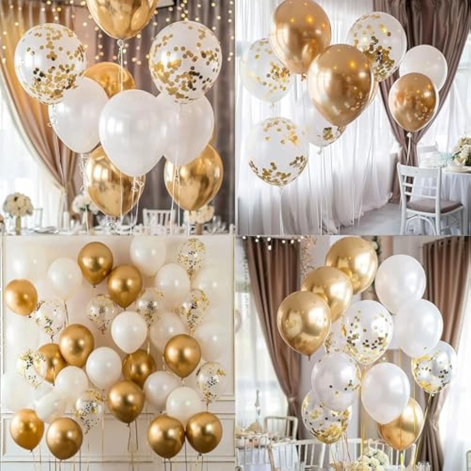 50-Pcs Gold & White Balloon Set, 12" Latex Balloons with Ribbon for Parties