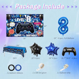103Pcs Video Game 8Th Birthday Party Decoration Kit - Black And Blue Latex Balloons, 8Th Happy Birthday Gaming Backdrop, Tablecloth, Foil Number 8 & Gamer & Star Balloon For Boys Girls