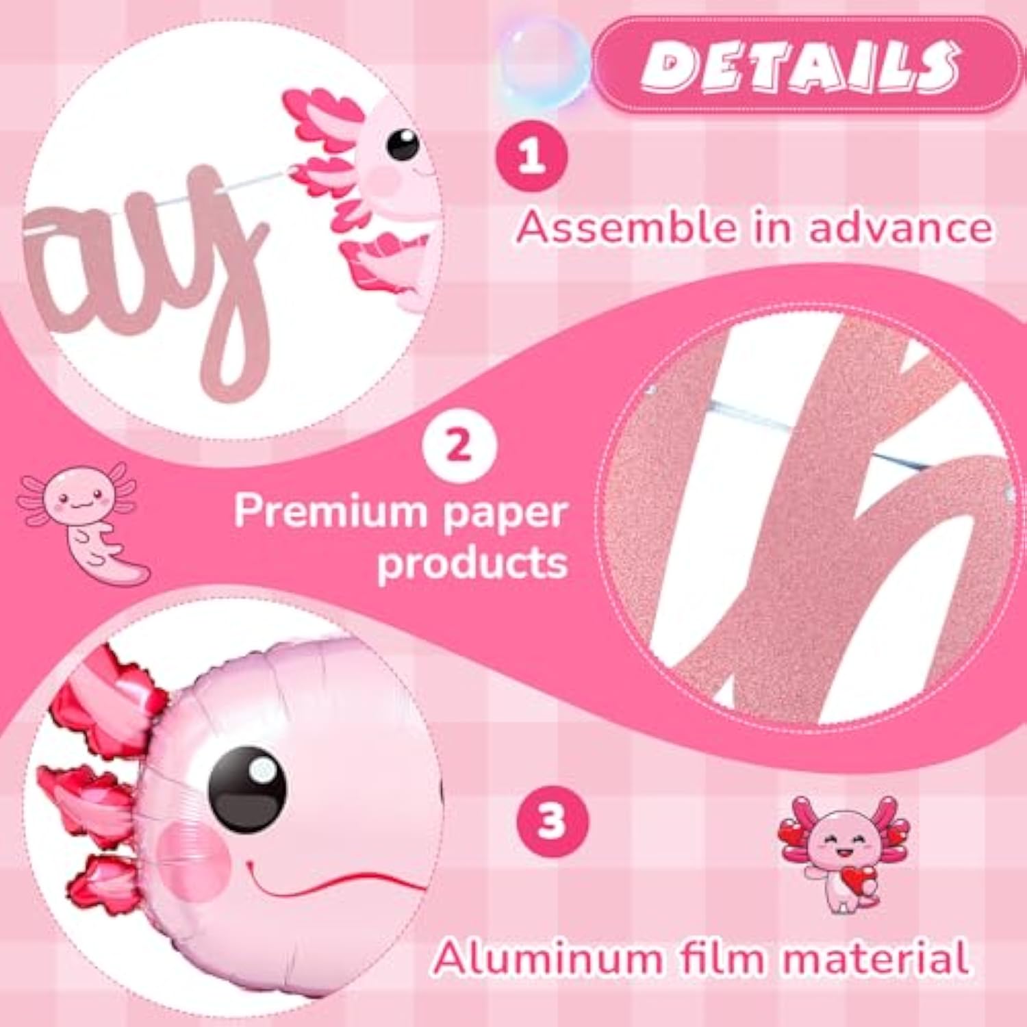 9 Pcs Axolotl Birthday Decorations Inflatable Party Supplies Include 4 Pcs Aluminum Foil Balloons 4 Round Balloons And 1 Axolotl Birthday Banner For Themed Party(Pink)
