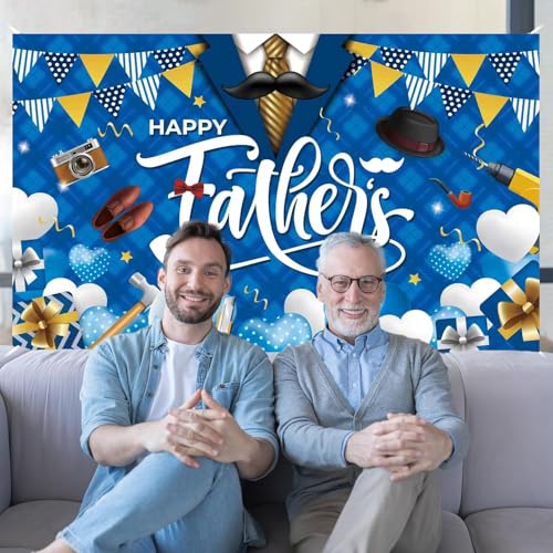 Father's Day Backdrop, Happy Fathers Day Decorations Blue Gold Dad Party Banner Background with Mustache Tools Balloons Gifts Pennants for Photo Booth, 71 x 43 Inch