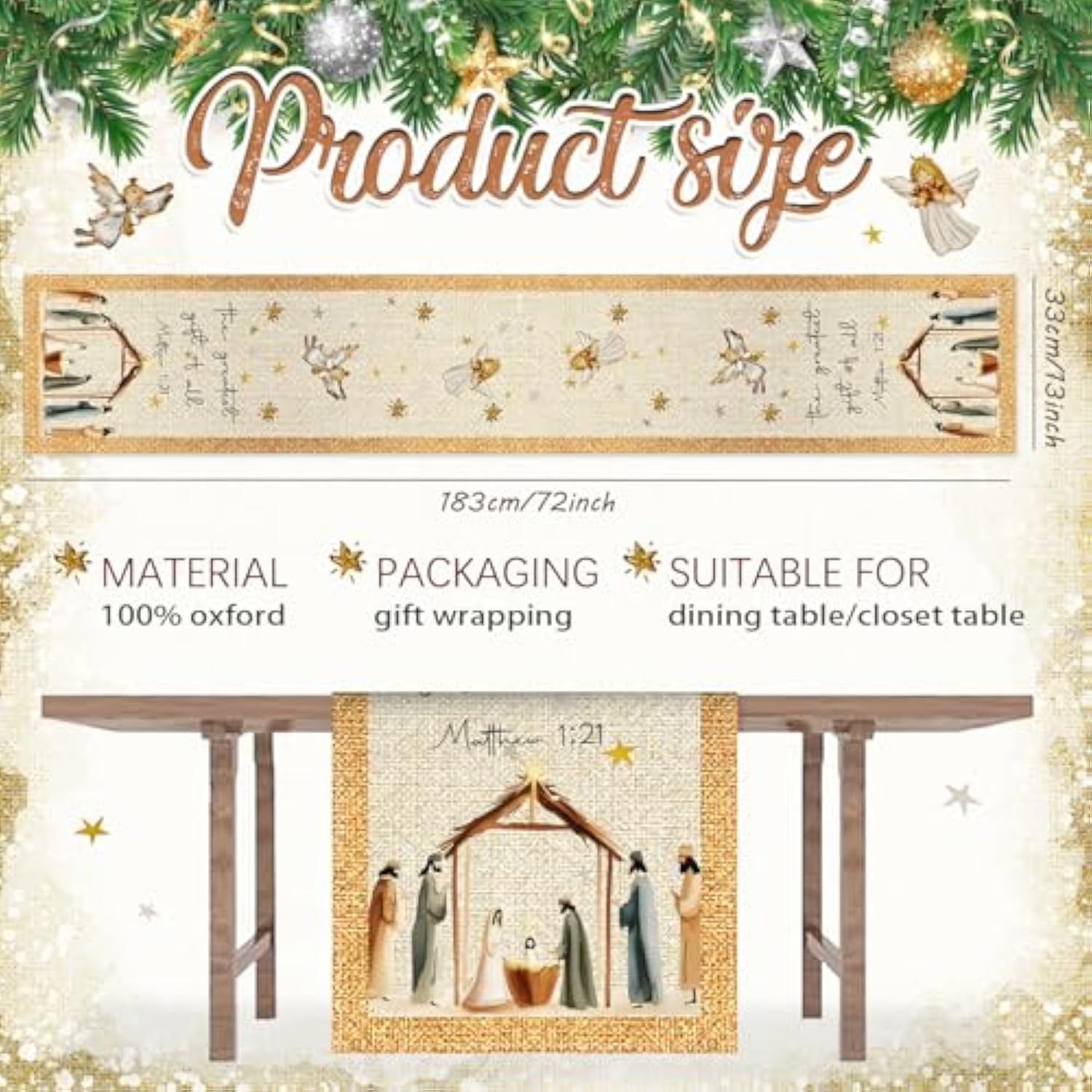 Jesus Christmas Decoration Holy Night Nativity Christ Table Runner Merry Christmas Tabletop Cover,Seasonal Winter Xmas Party Decorations For Home Indoor Kitchen Dining