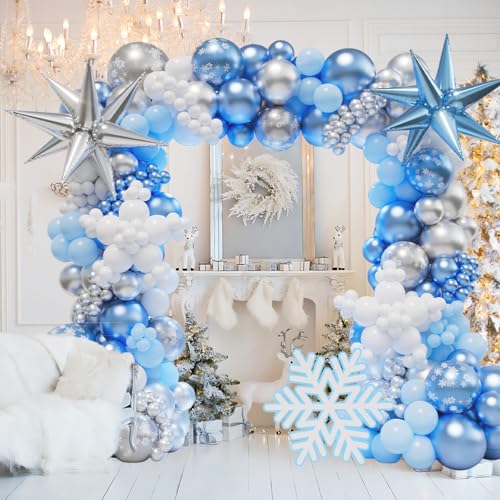 Frozen Balloon Arch Garland Kit with 154Pcs Winter Wonderland Arch, Silver Blue White Snowflake Balloons for Girl Princess Birthday Snow Party Decorations