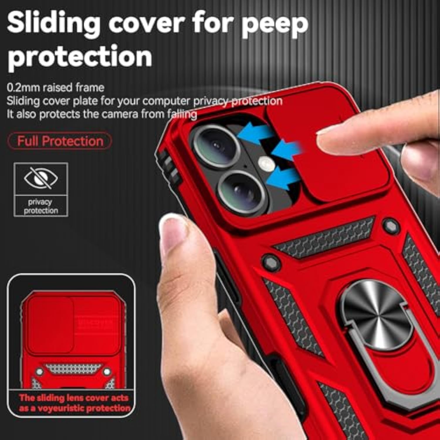 Phone Case For Iphone 16 Plus Case With Hd Screen Protector & Slide Camera Cover & Rotated Ring Kickstand, [-Grade] Phone Case For Iphone 16 Plus (6.7‘’) (Red)