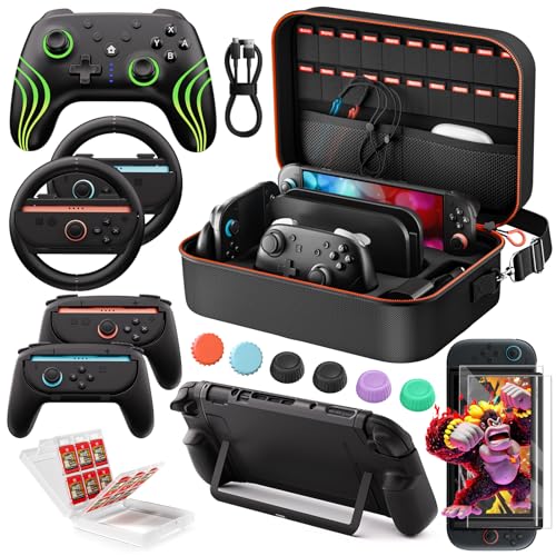 Switch 2 Pro Controller Accessories Bundle 17-in-1, All In One Carrying Case, Joycon Grip, Screen Protectors, Protective Case, Steering Wheels, Game