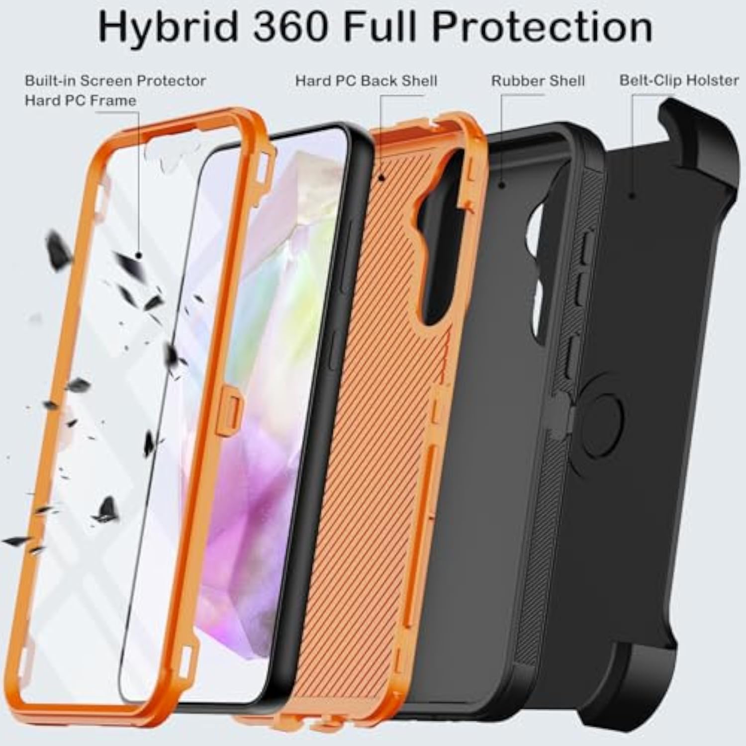 Samsung Galaxy A35 5G Heavy Duty Shockproof Case with Built-in Screen Protector and Belt Clip Holster, Black Orange