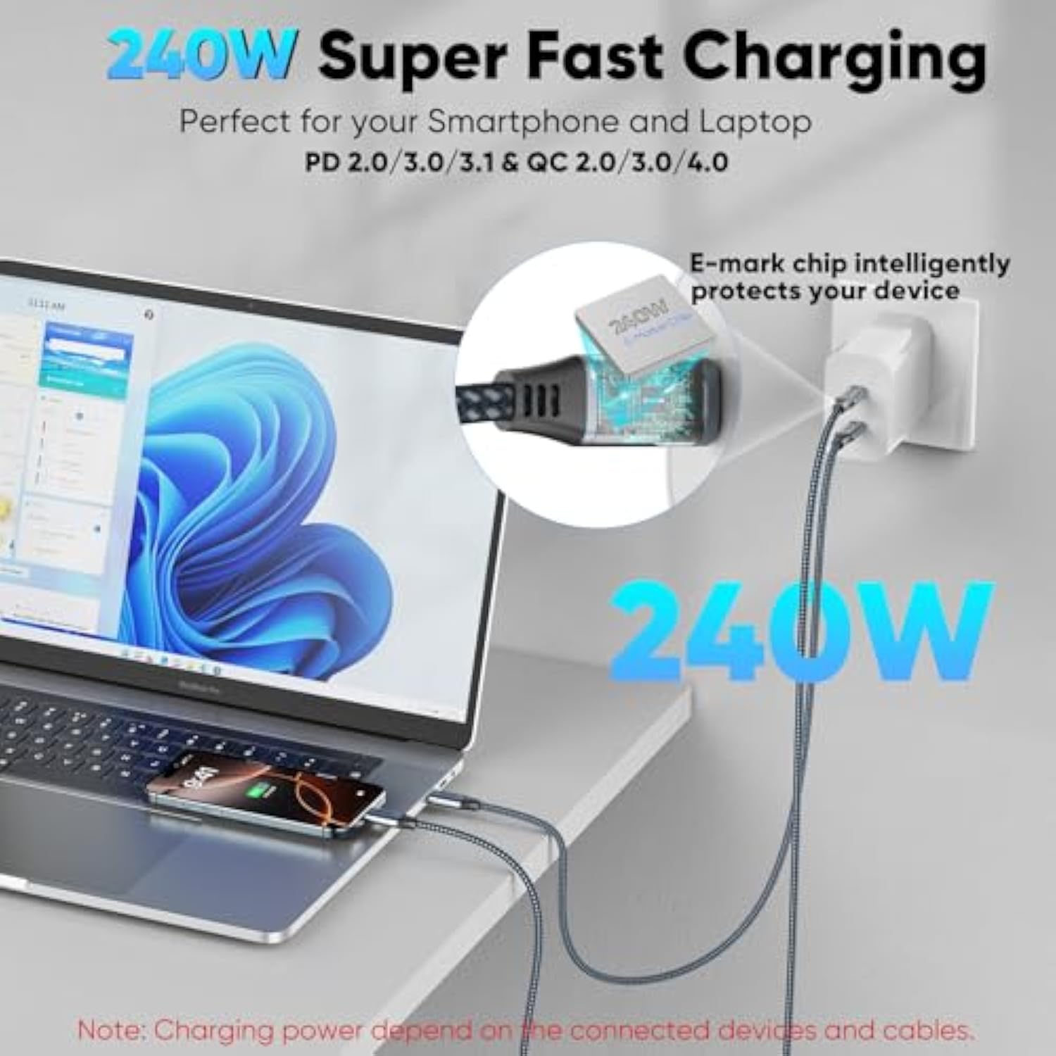 Usb C To Usb C Cable 10Ft Long,Type-C Video Data Charging Cable (4K@144Hz, 20Gbps, 240W), Usb 3.2 Gen 2 (Thunderbolt 3/4/5 Compatible) For Laptop,Phone, Monitor, Tablets, Docking, Ssd,Camera