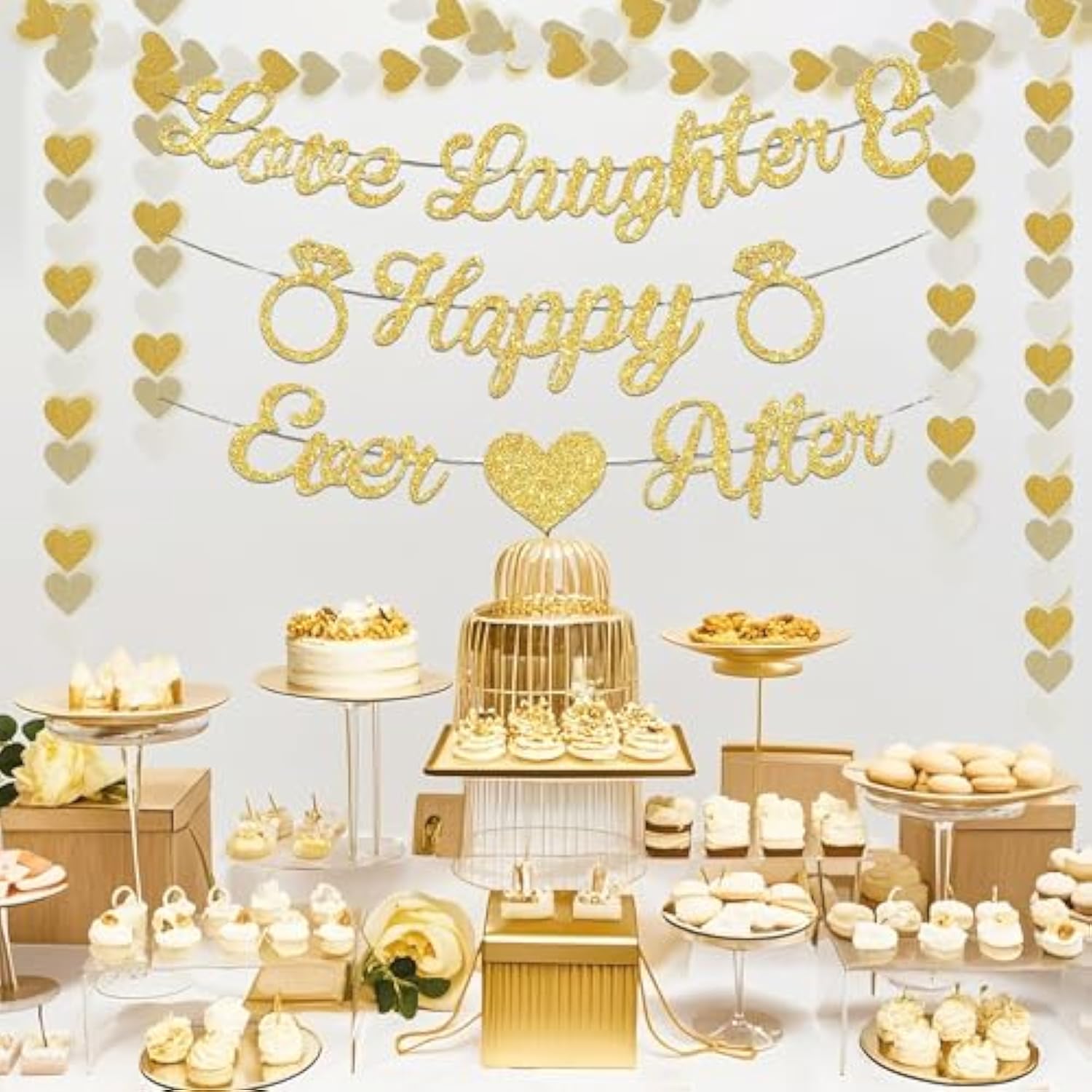 Champagne Gold Engagement Party Decorations, Just Engaged Supplies For Couple Includes 12" Gold & White Latex Balloons, Diamond Ring Foil Balloon, Cake Toppers, Paper Pompom