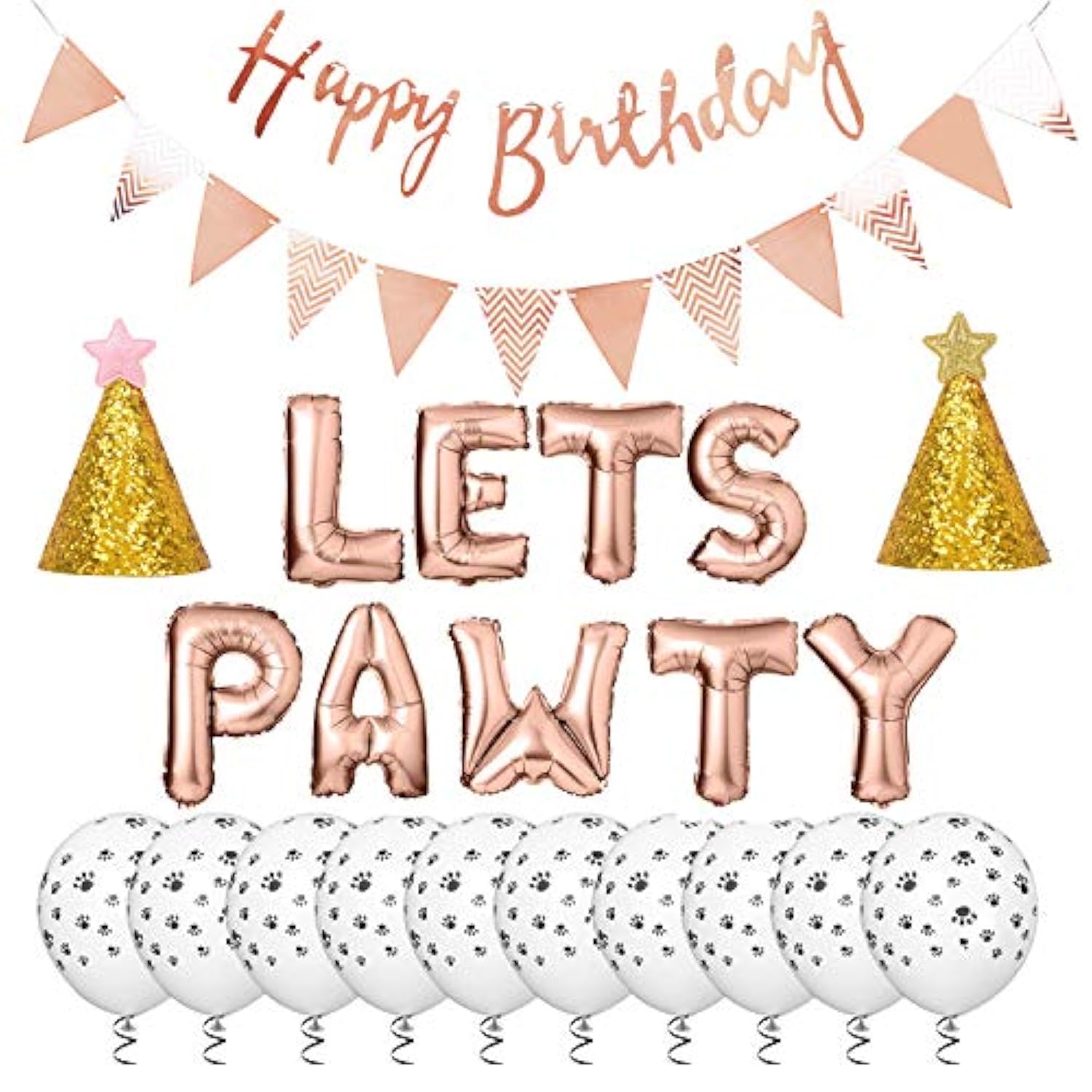 Dog Birthday Party Supplies Dog Paw Print Balloons Cat Birthday Hat Happy Birthday Banner Foil Balloons Lets Pa Letters Balloons Decorations (Rose Gold)