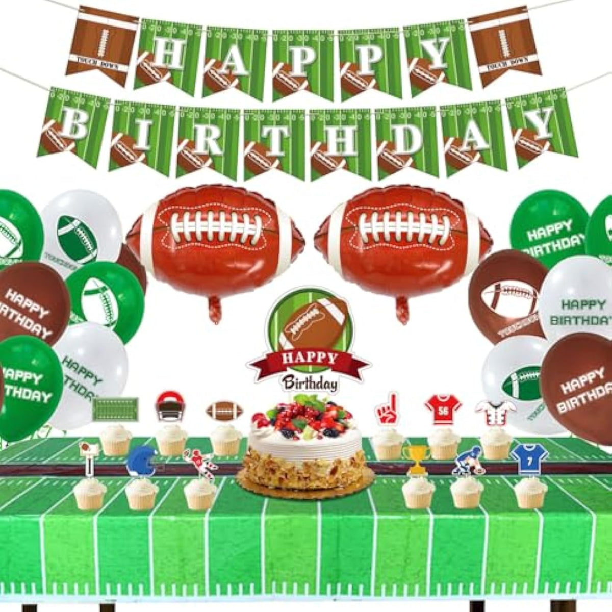 Football Theme Party Supplies - Including Happy Birthday Banner, Football Foil Balloons, Cake Topper, Tablecloth, Balloons For Game Day, And Football Birthday Party Decorations