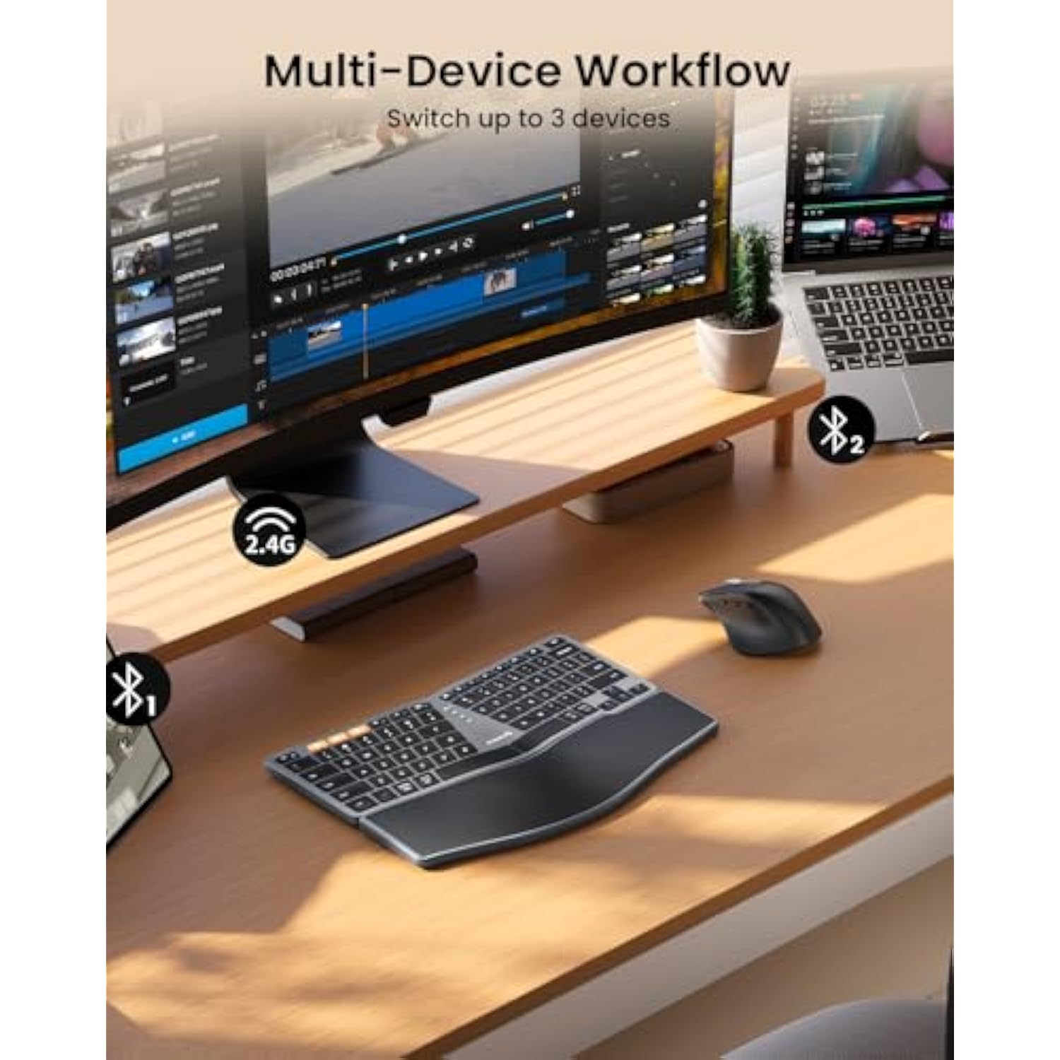 Bluetooth Ergonomic Keyboard Mouse, Ekm04 Mini Compact Wireless Ergo Keyboard Mouse Combo, Split Design, Wrist Rest, Multi-Device, Rechargeable, Compatible With Windows/Mac/Android