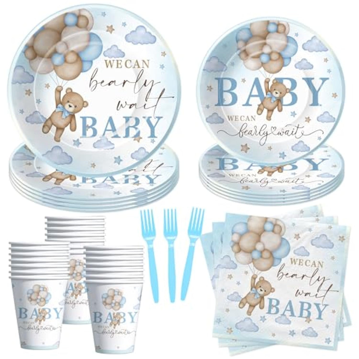 Bear Baby Shower Decorations Party Tableware Boy - Blue Bear We Can Bearly Wait Baby Shower Decorations Supplies, Paper Plates And Napkins Set, Cup, Disposable Forks, 24 Guests