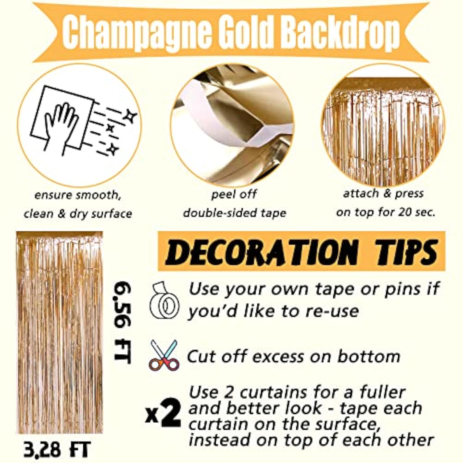 4 Pack Champagne Gold Fringe Curtain Backdrop, 3.2Ft X 6.6Ft Metallic Tinsel Foil Fringe Streamers Curtains Background For Photo Booth Birthday Baby Shower Party Thanksgiving Christmas Decorations