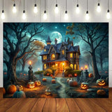 Halloween Haunted House Backdrop 7x5ft Spooky Pumpkin Path Photo Booth Decor