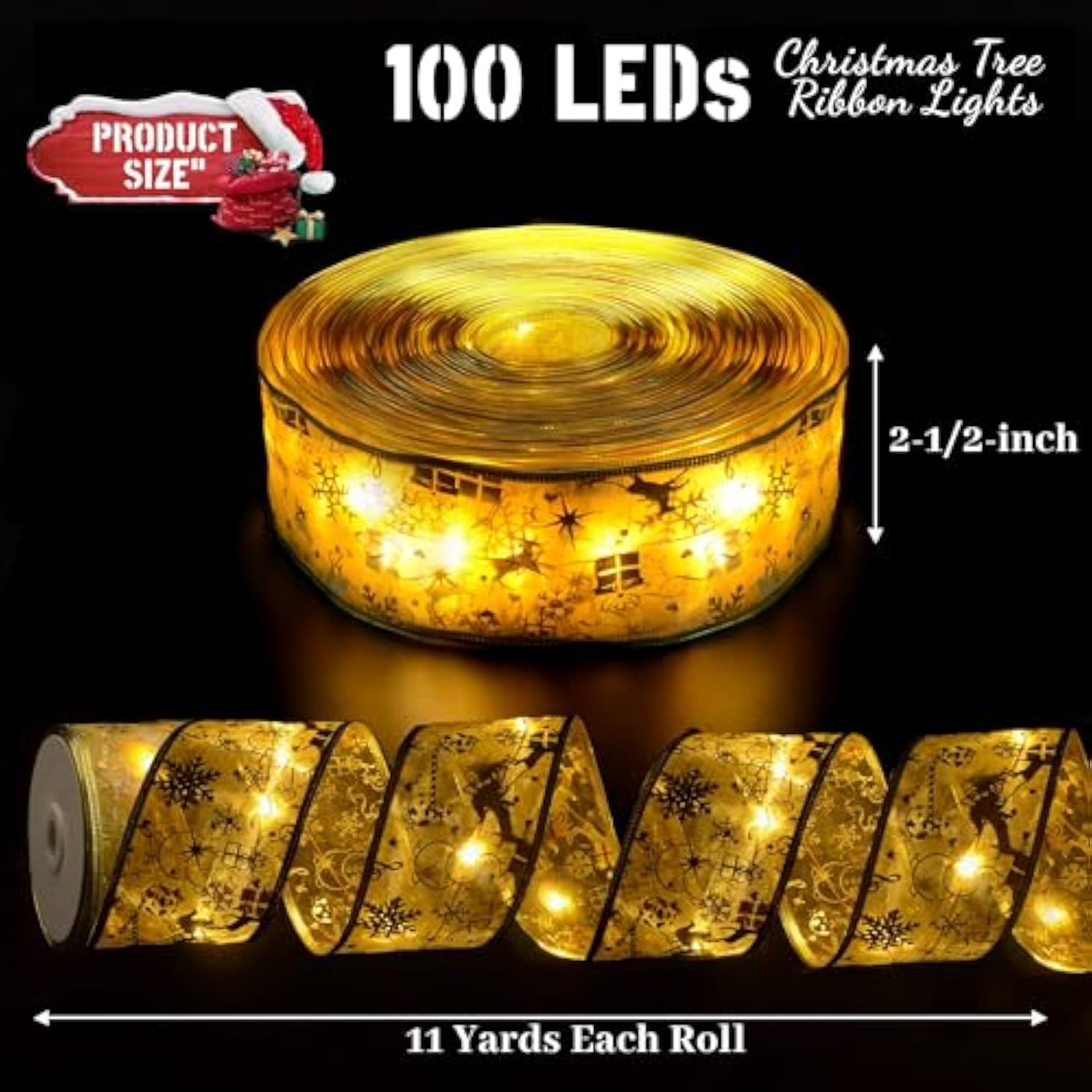 Christmas Decorations, 2.5Inch X 33Ft 100 Led Christmas Tree Ribbon Lights With Remote Control, Battery Operated & Usb P