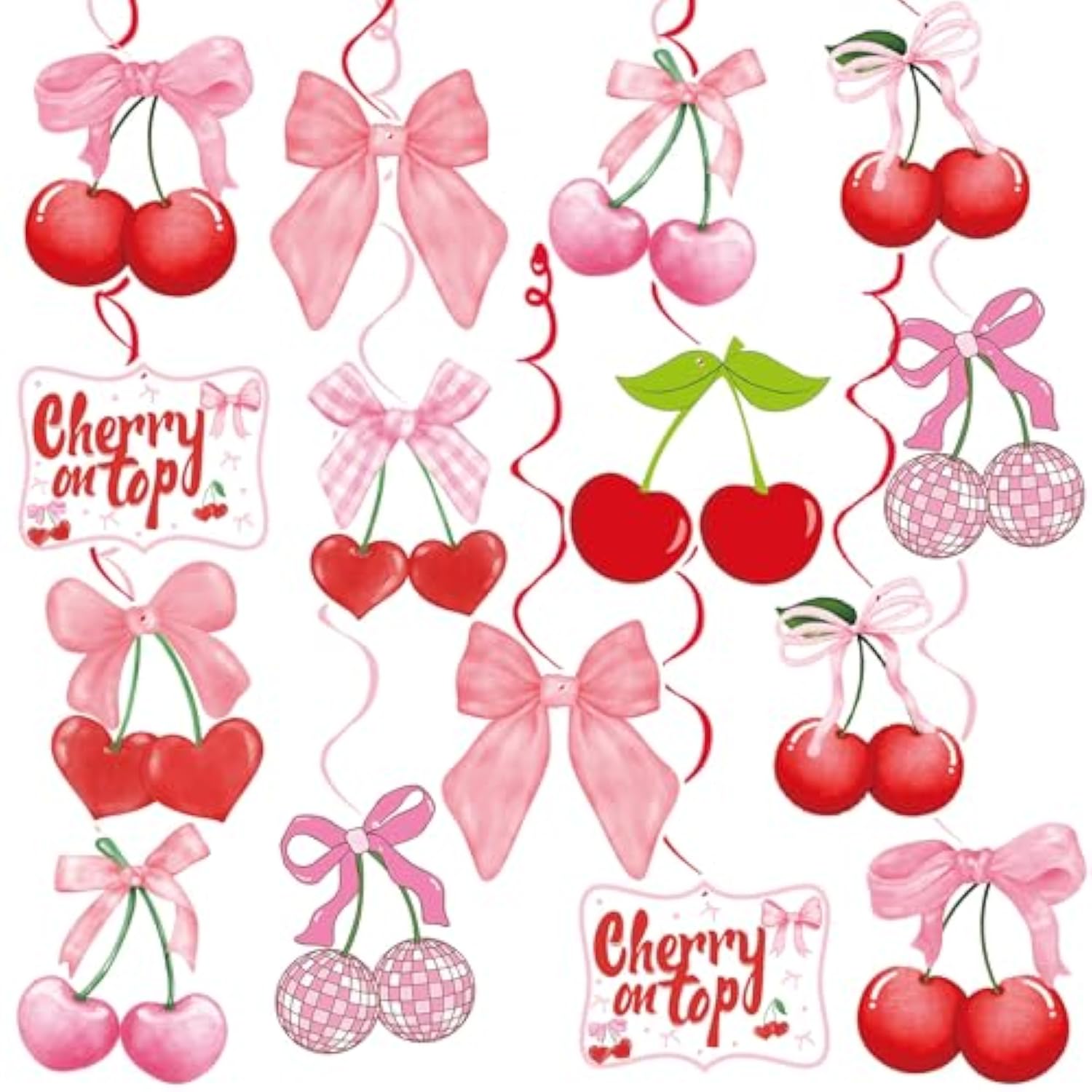 Cherry Birthday Party Decorations Red Pink Cherry Bow Hanging Swirl Garland For Girls Baby Shower She'S The Cherry On Top Theme Party Decor