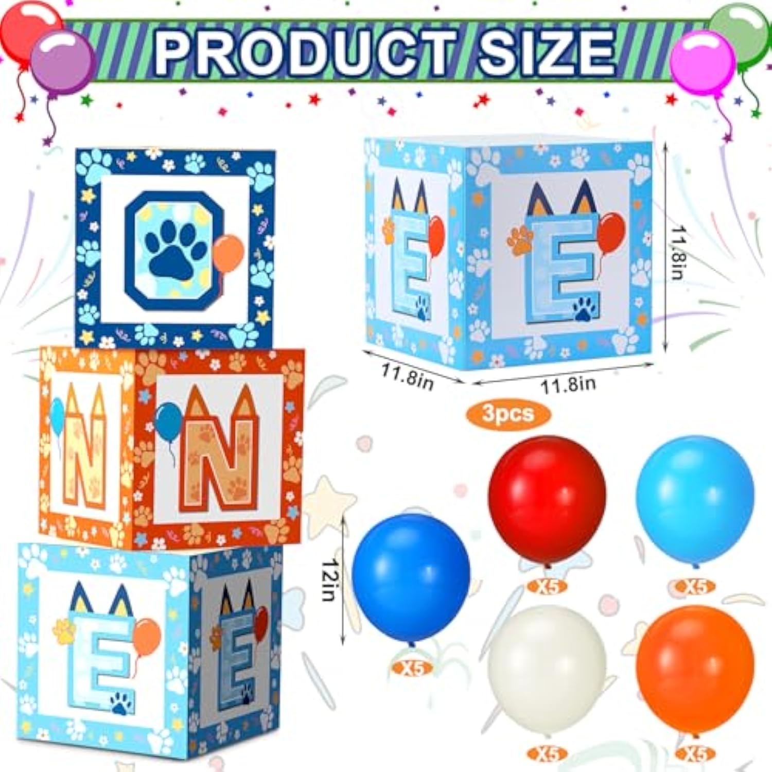 3-Pcs Blue Dog Paw 1st Birthday Balloon Boxes with 25 Balloons Set