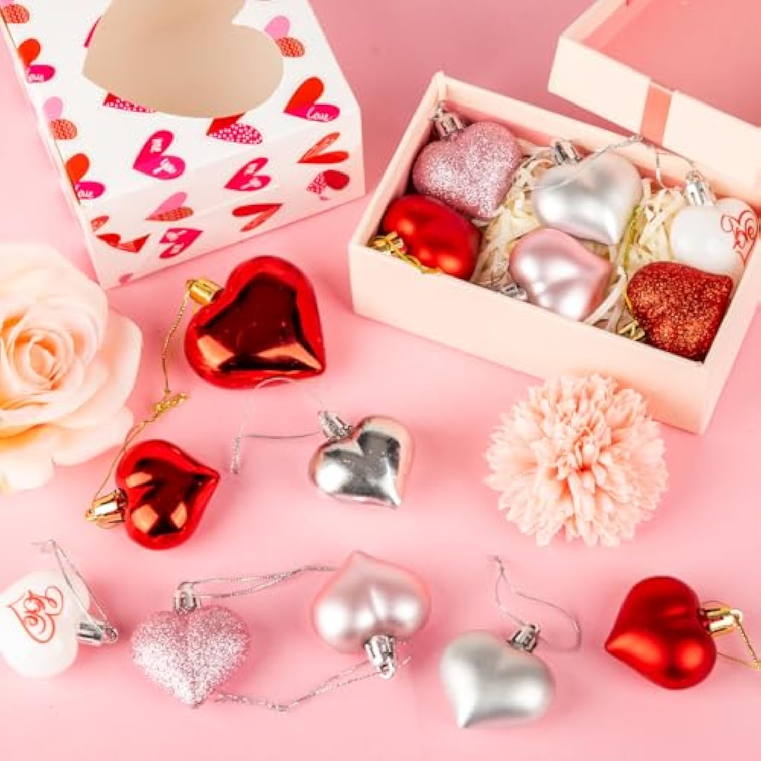 36Pcs Valentines Day Decor Heart Ornaments Classic Red Pink Silver Valentines Decorations Heart Shaped Baubles Hanging Ornaments For Valentine’S Day Christmas Tree Wedding Anniversary Party