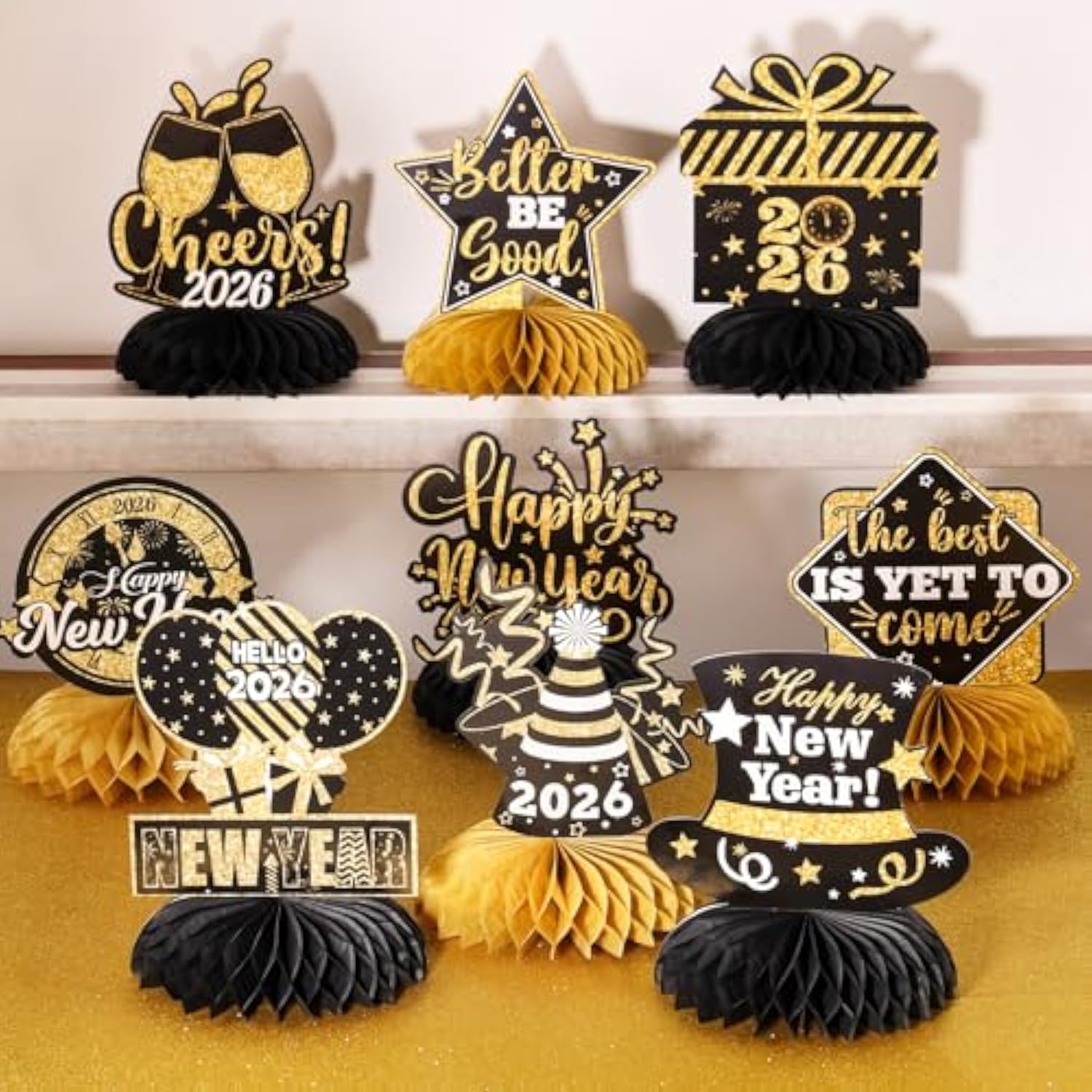 9pc Gold & Black 2026 NYE Party Table Centerpieces