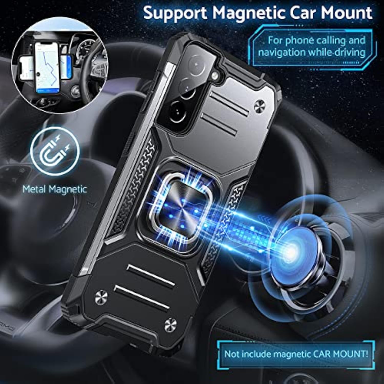 Galaxy S21 Phone Case with Stand, Military Grade Impact Resistant, 360° Rotatable Metal Ring Kickstand, Shockproof Protective Cover for Samsung Galaxy S21, Black
