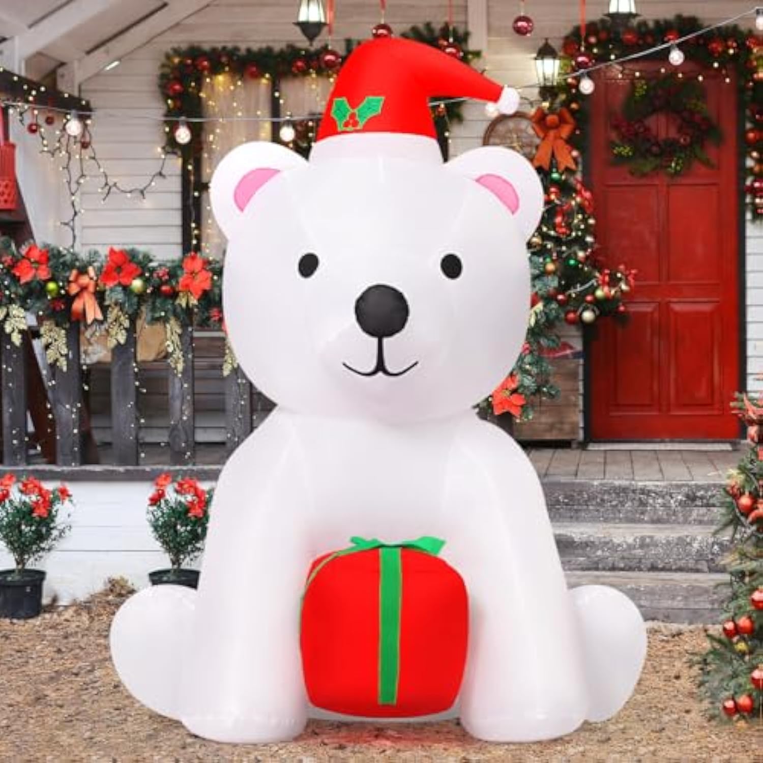 5 Ft Christmas Inflatable Bear Outdoor Decorations Blow Up Yard A White Bear Holding A Present With Built-In Leds For In