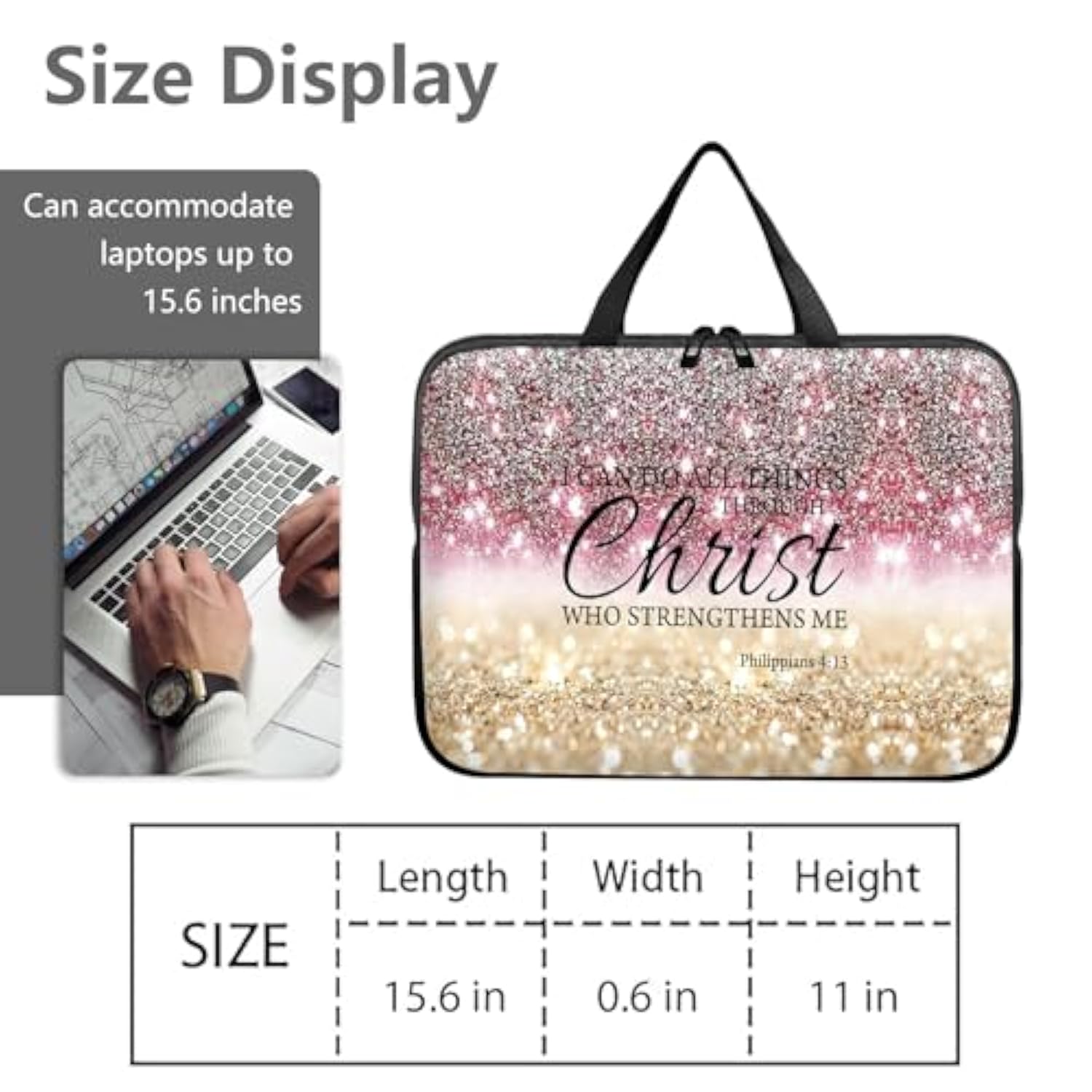 14" 15" Laptop Handle Bag Computer Bag,14.2" 15.4 Inch Pouch Holder Notebook Sleeve Cover Compatible For Dell,Lenovo,Toshiba Hp, Asus Notebook Messenger Briefcase-Glitter Philippians 4:13
