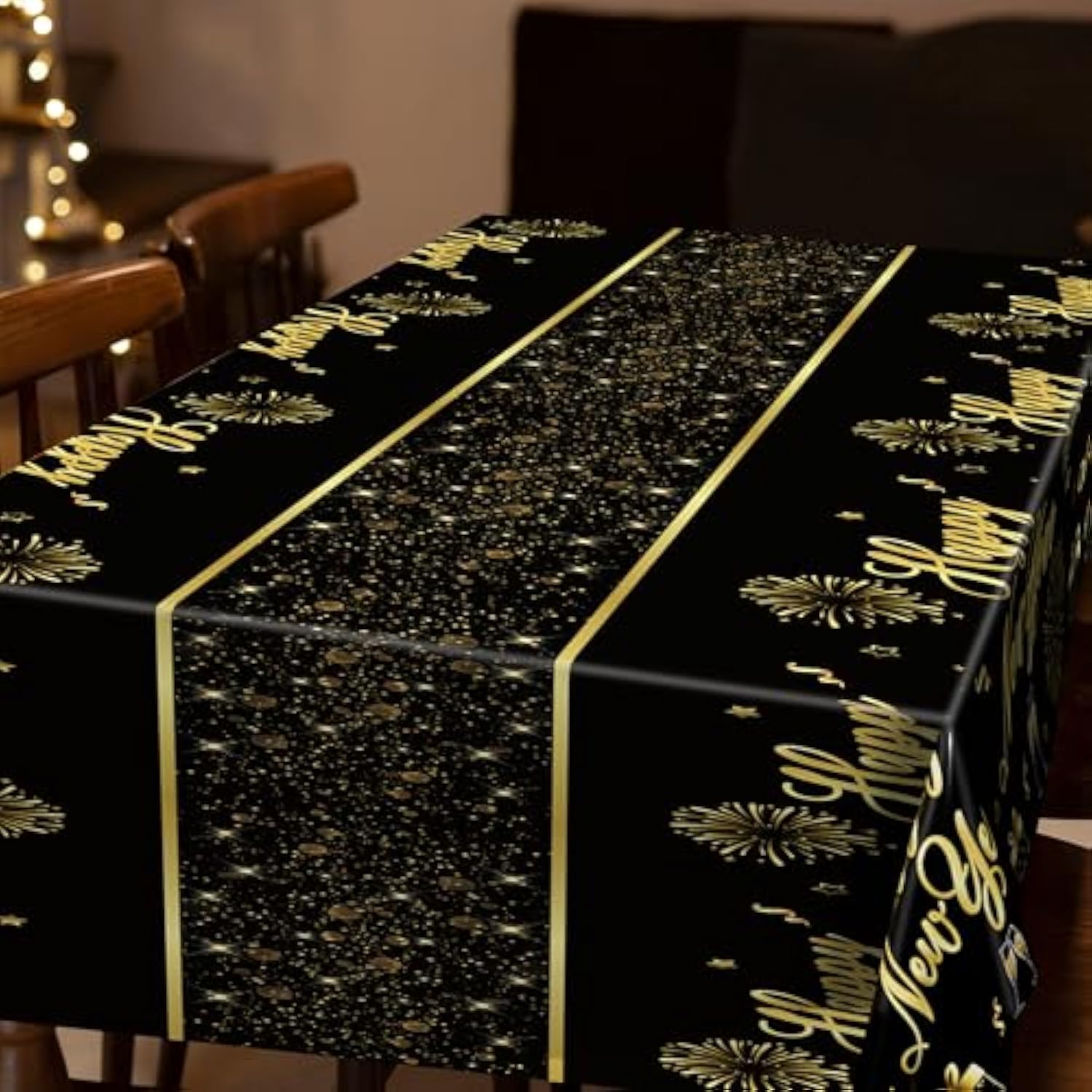 3 Pcs New Year 2026 Tablecloths 108x54in Black Gold Firework Design Disposable