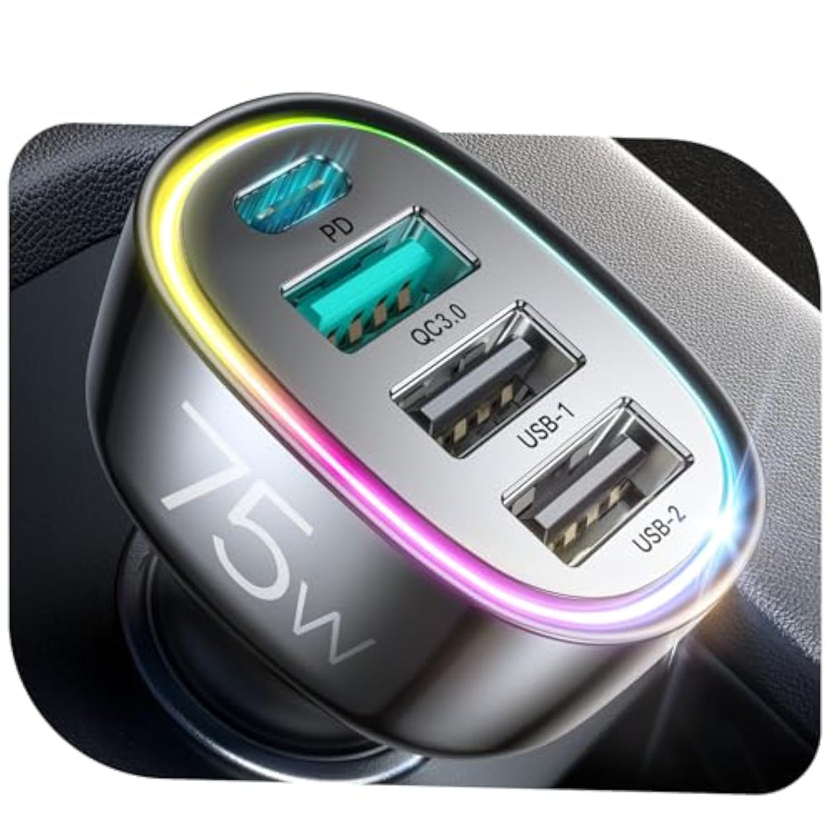 45W USB-C Car Charger, 4-Port Fast Charger for iPhone, Samsung, PD3.0 & QC3.0