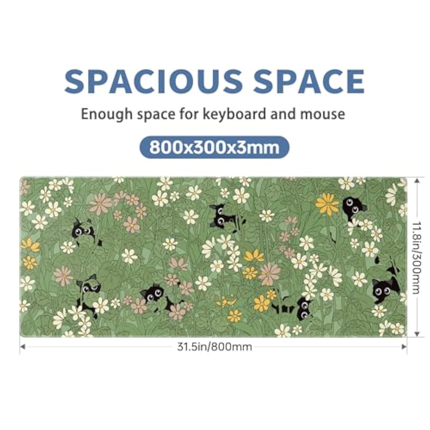 Cute Cat Mouse Pad Large Green Desk Mat Extended Keyboard Mouse Pad Kawaii Mousepad With Non-Slip Base And Stitched Edge Plant Mouse Mat Desk Pad 31.5 X 11.8 In Mouse Pads For Decor Home Office Gaming
