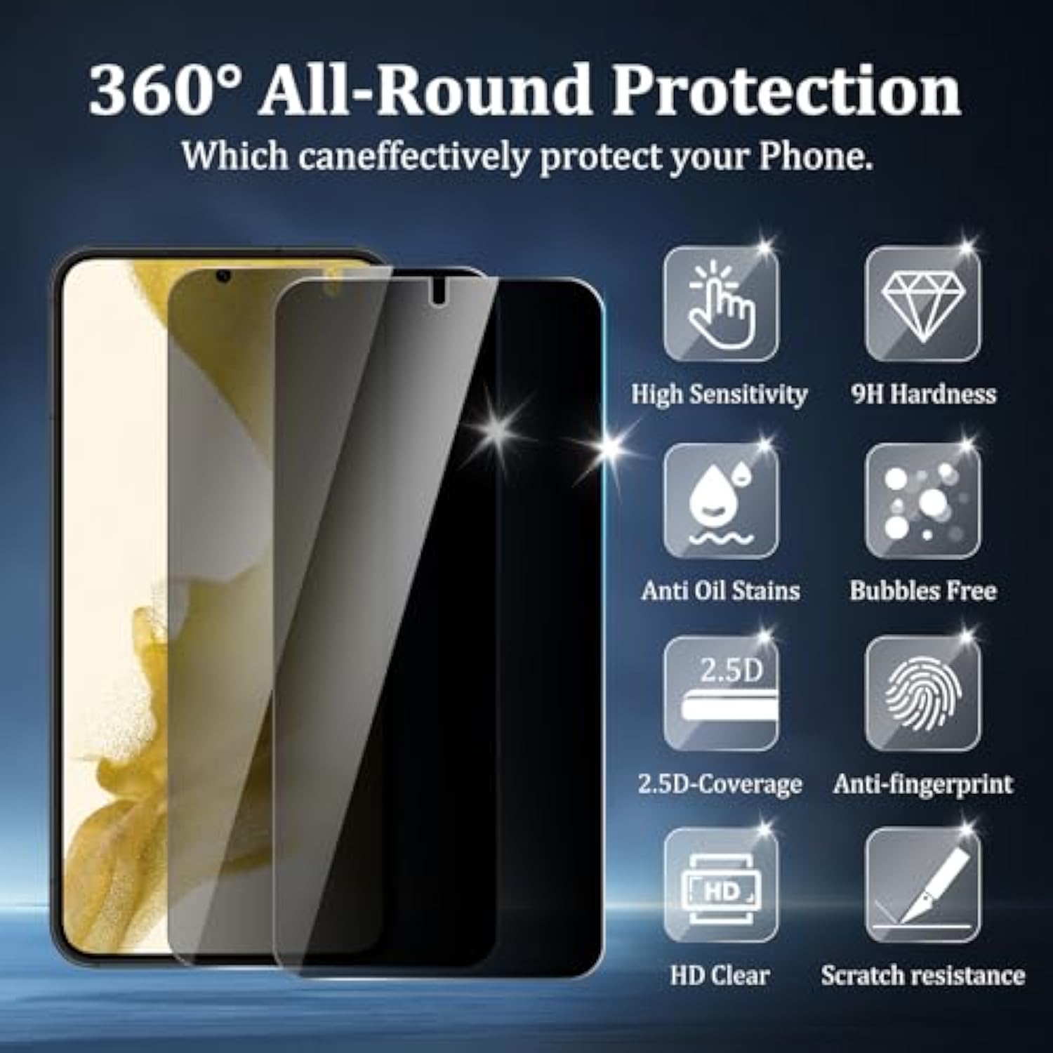 [4 Pack 2Pack Privacy Screen Protector Compatible For Samsung Galaxy S22 With 2Pack Camera Lens Protector, 9H Hardness, Anti-Spy, Easy Installation