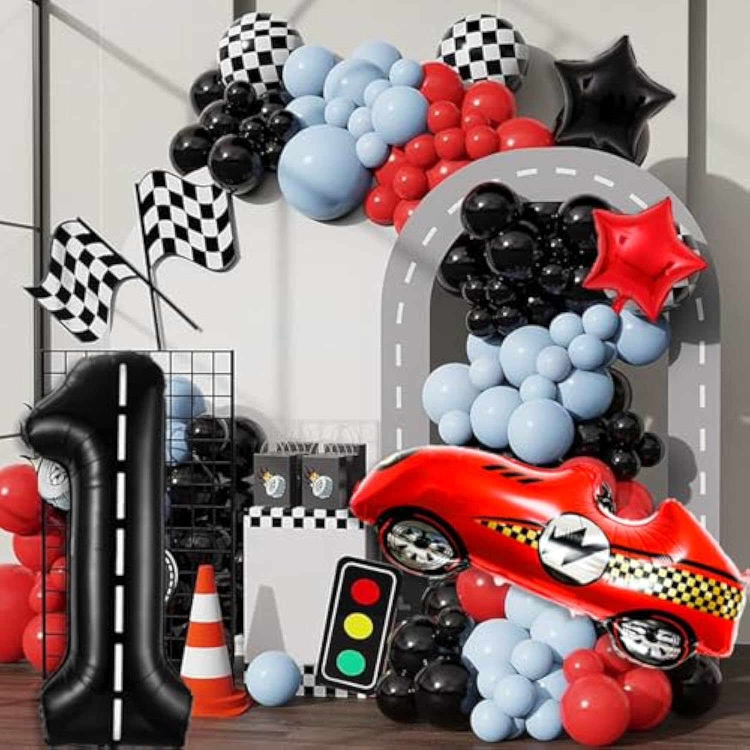 1st Racecar Birthday Set – Red Car, Number 1 & Checkered Balloons