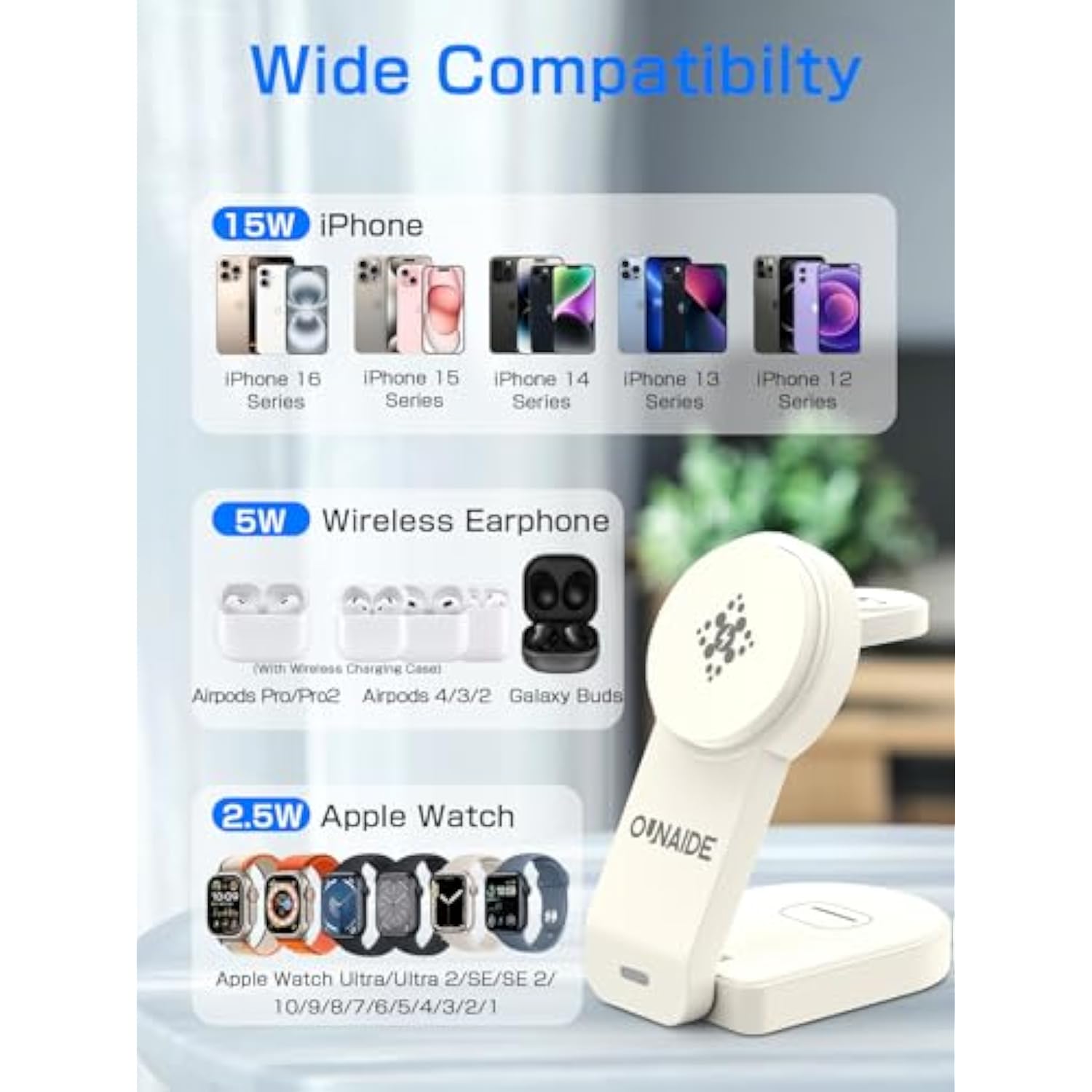 Wireless Charging Station For Apple,Magnetic Compatible Wireless Charger Stand,3 In 1 Wireless Charger Stand Dock Watch And Phone Charger Station For Iphone 15, Airpods, Apple Watch 9