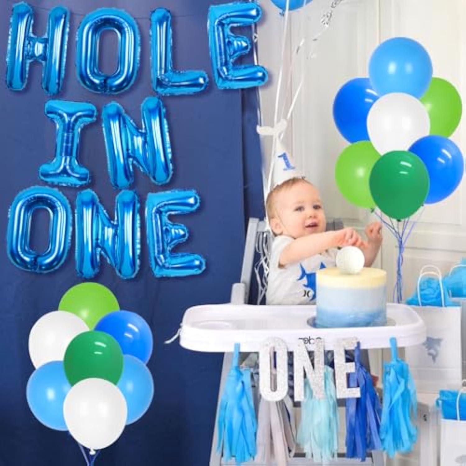 Golf 1st Birthday Party Decorations with Blue Hole-in-One Balloon Banner & Foil Balloons