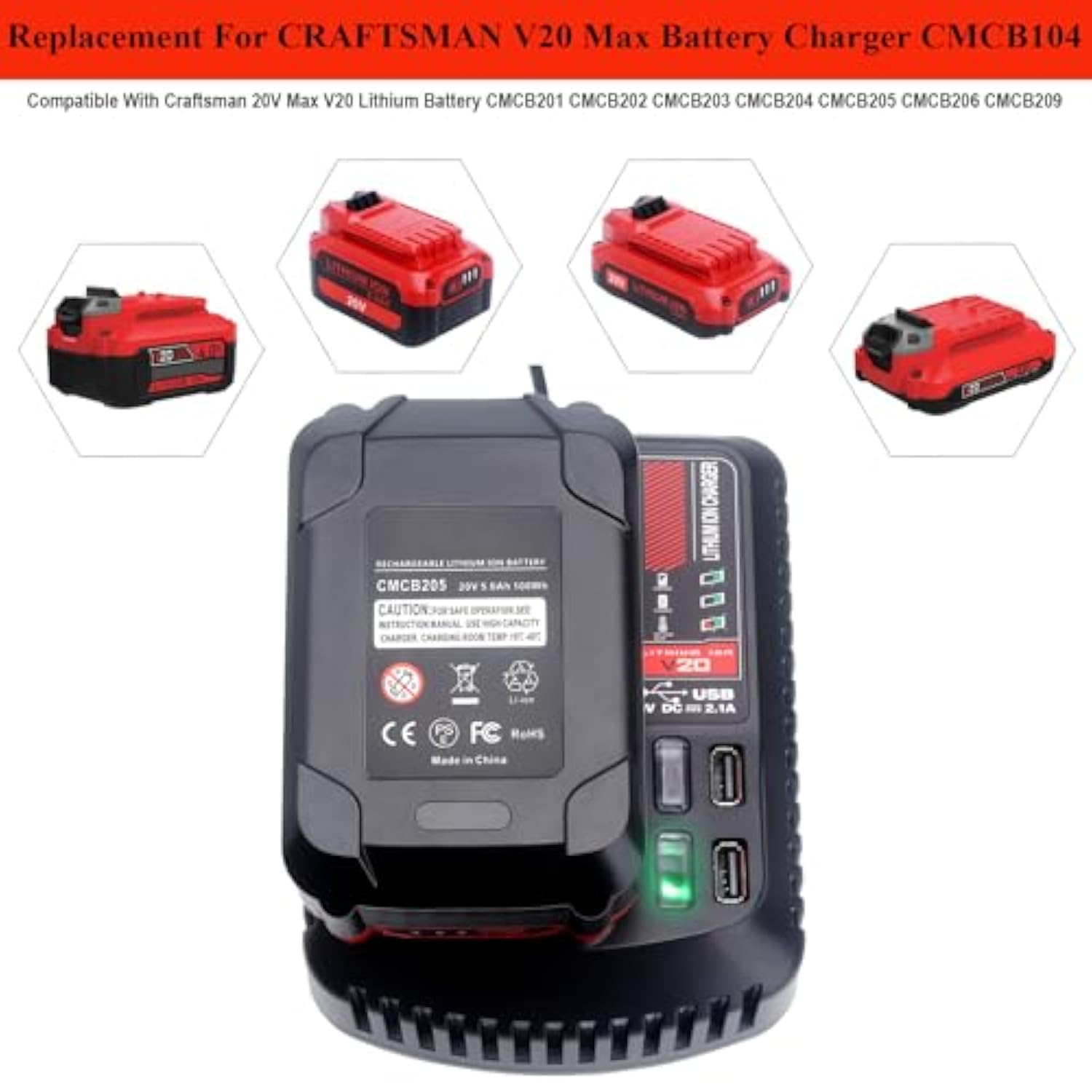 Replacement For 20V Craftsman V20 Lithium-Ion Battery Charger Cmcb100 Cmcb101 Cmcb124 Cmcb102 For Cmcb201 Cmcb202 Cmcb203 Cmcb204 Cmcb205 Cmcb209 Power Tool Batteries