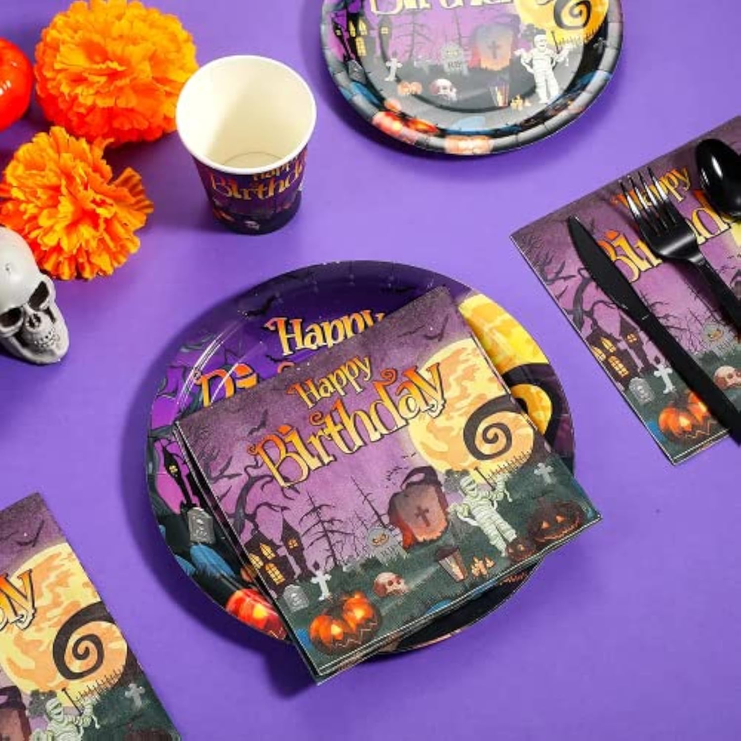 Halloween Birthday Party Tableware Set for 25 – Plates, Cups, Napkins, Banner & Tablecloth for Kids