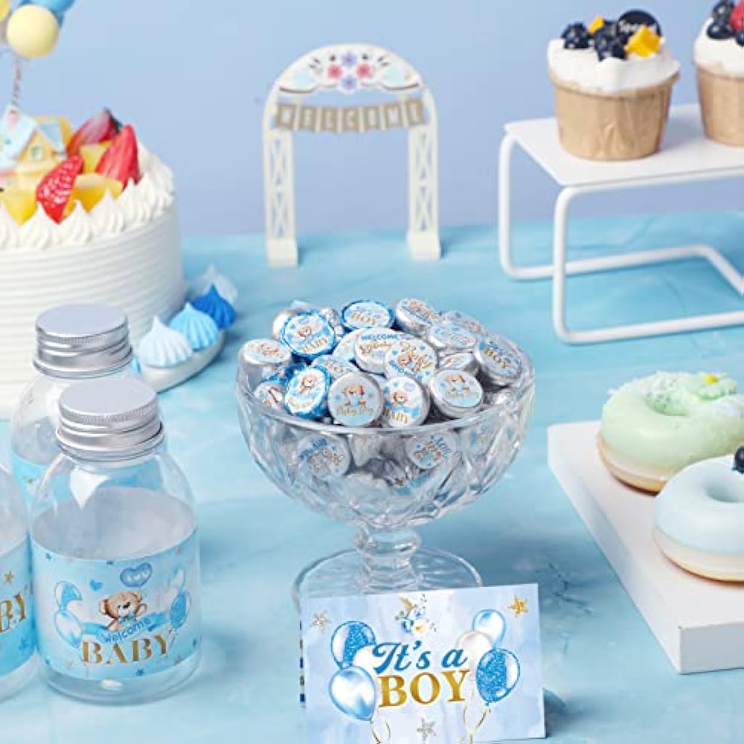 504 Pieces Boy Girl Baby Shower Favors Stickers Mini Kisses Candy Stickers Chocolate Drop Labels Wrappers Little Cutie Baby Shower Decoration For Sprinkle Birthday Party(Blue Bear)