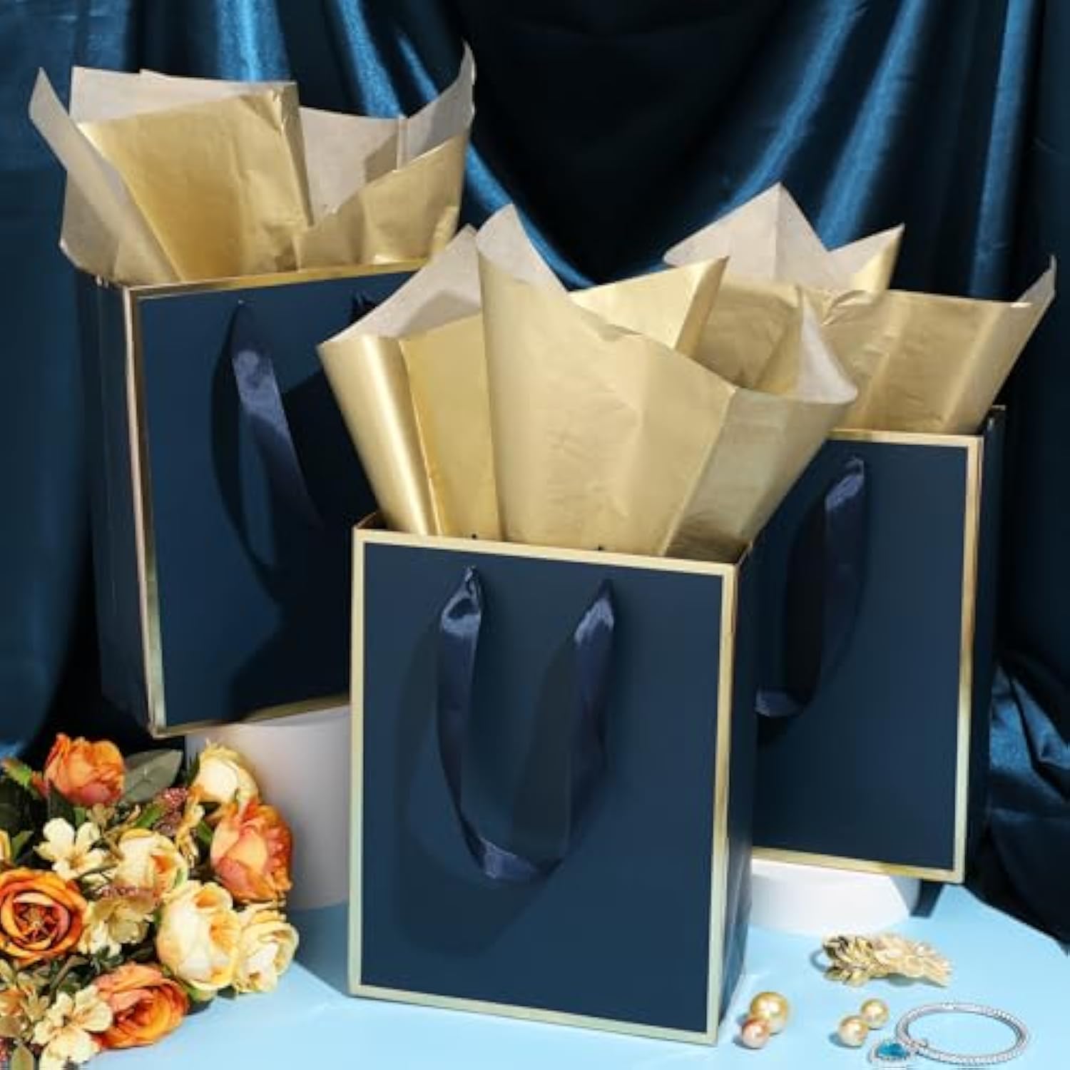 24 Pack Metallic Paper Gift Bags With Handle And Tissue 9X7X3.1 Welcome Gift Thank You Bags For Wedding Father'S Day Bridal Shower Groomsmen Birthday Party(Navy Blue, Gold)