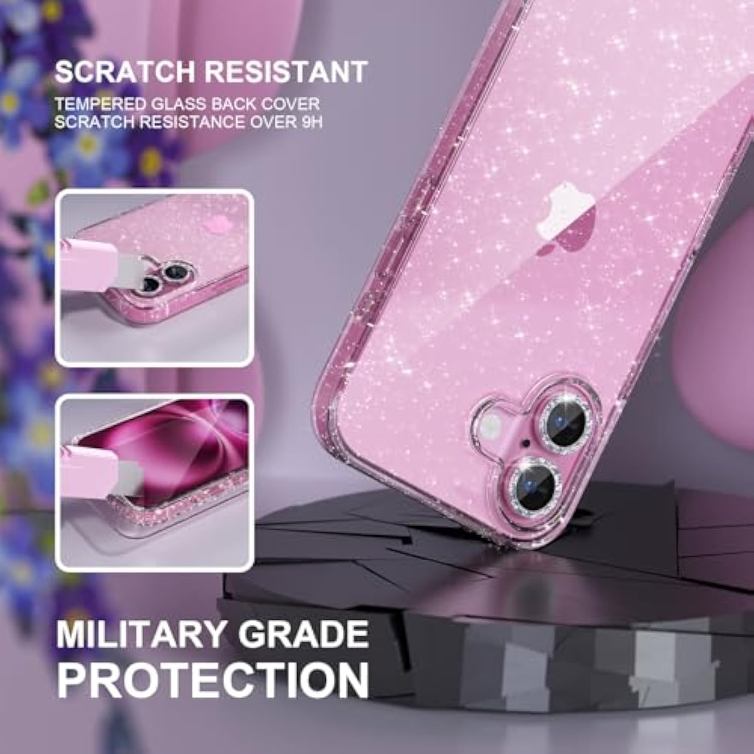 iPhone 16 Clear Glitter Case with Screen & Camera Protectors 6.1in