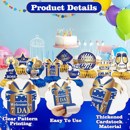 10Pcs Retirement Party Decorations Blue Gold Honeycomb Centerpiece