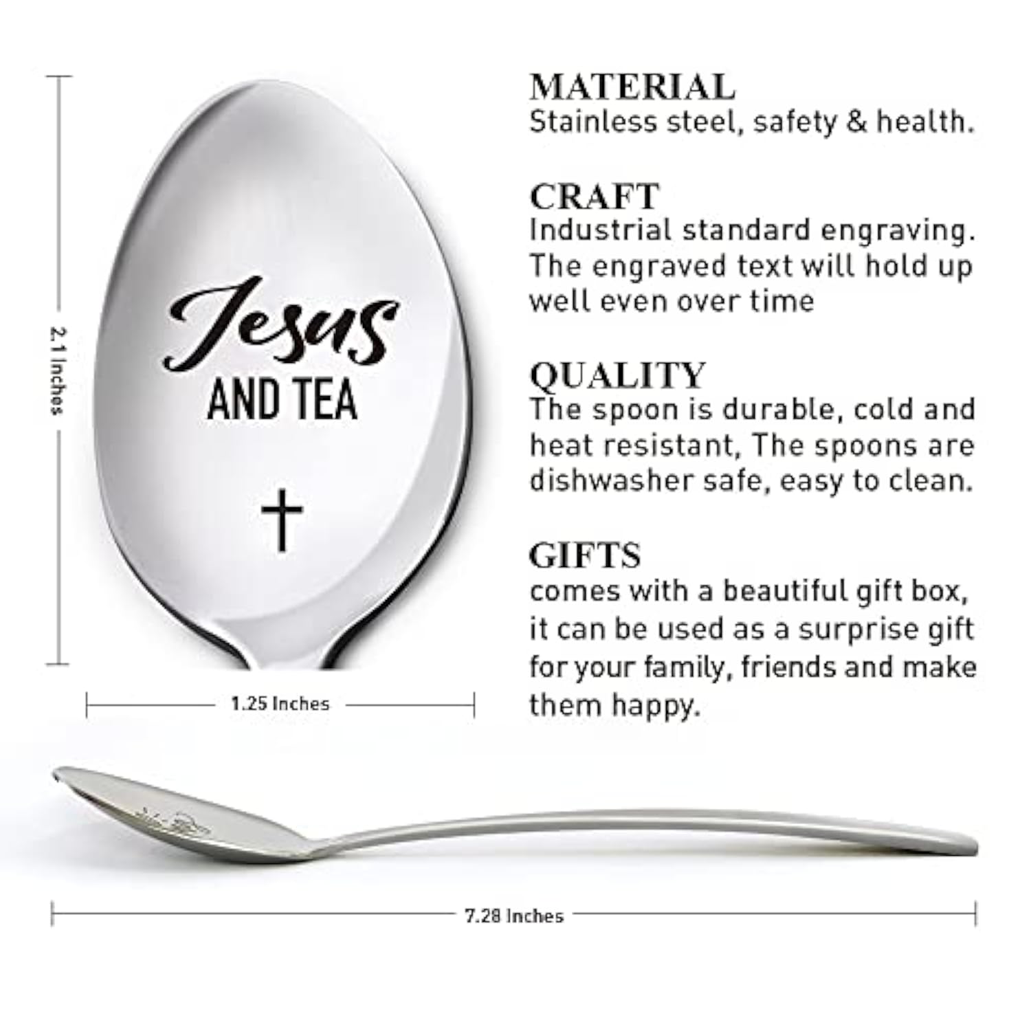 Christian Tea Spoon Gifts For Women Men, Tea And Jesus, Birthday Thanksgiving Christmas Religious Gifts For Tea Lover Mom Dad Daughter Son Grandma, Engraved Stainless Steel Tea Spoon Gifts