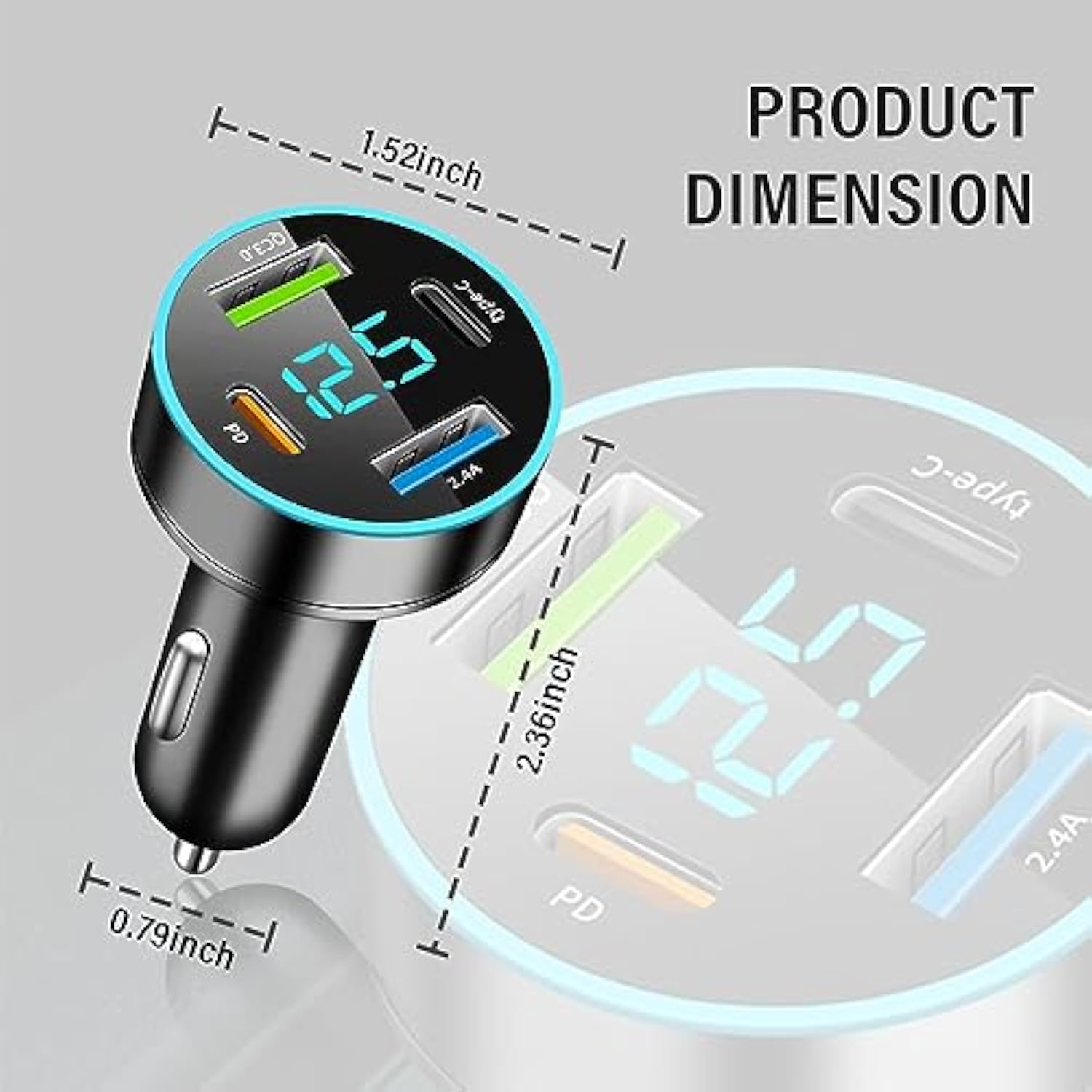 4-In-1 Fast Car Charger, Pd/Qc3.0/Type-C Fast Charging, Universal Phone Cigarette Lighter Usb With Blue Led & Voltmeter For Truck Suv (Qc3.0+Type-C+Pd+2.4A)