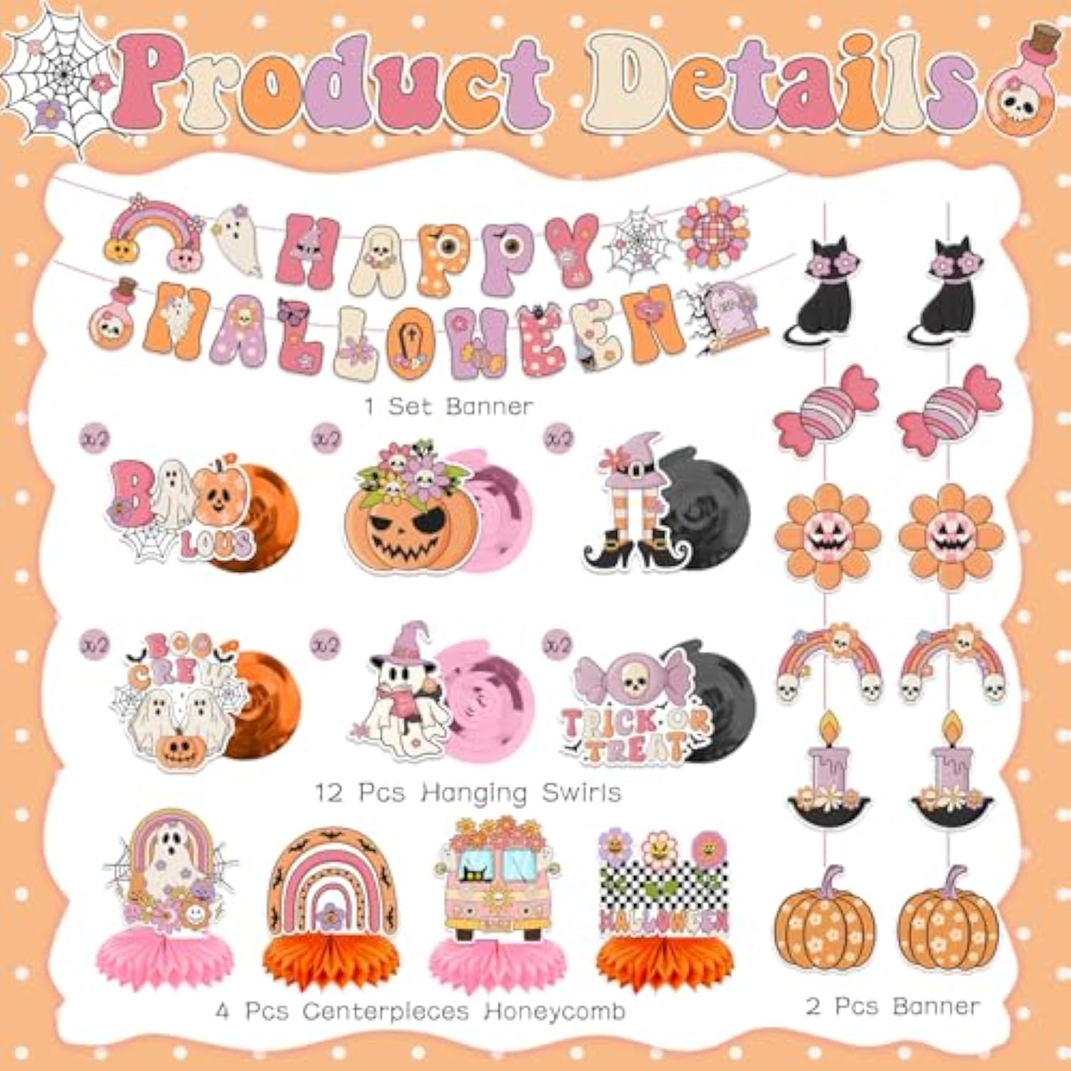 Retro Halloween Party Decorations with Happy Halloween Banner, Swirls & Pumpkin