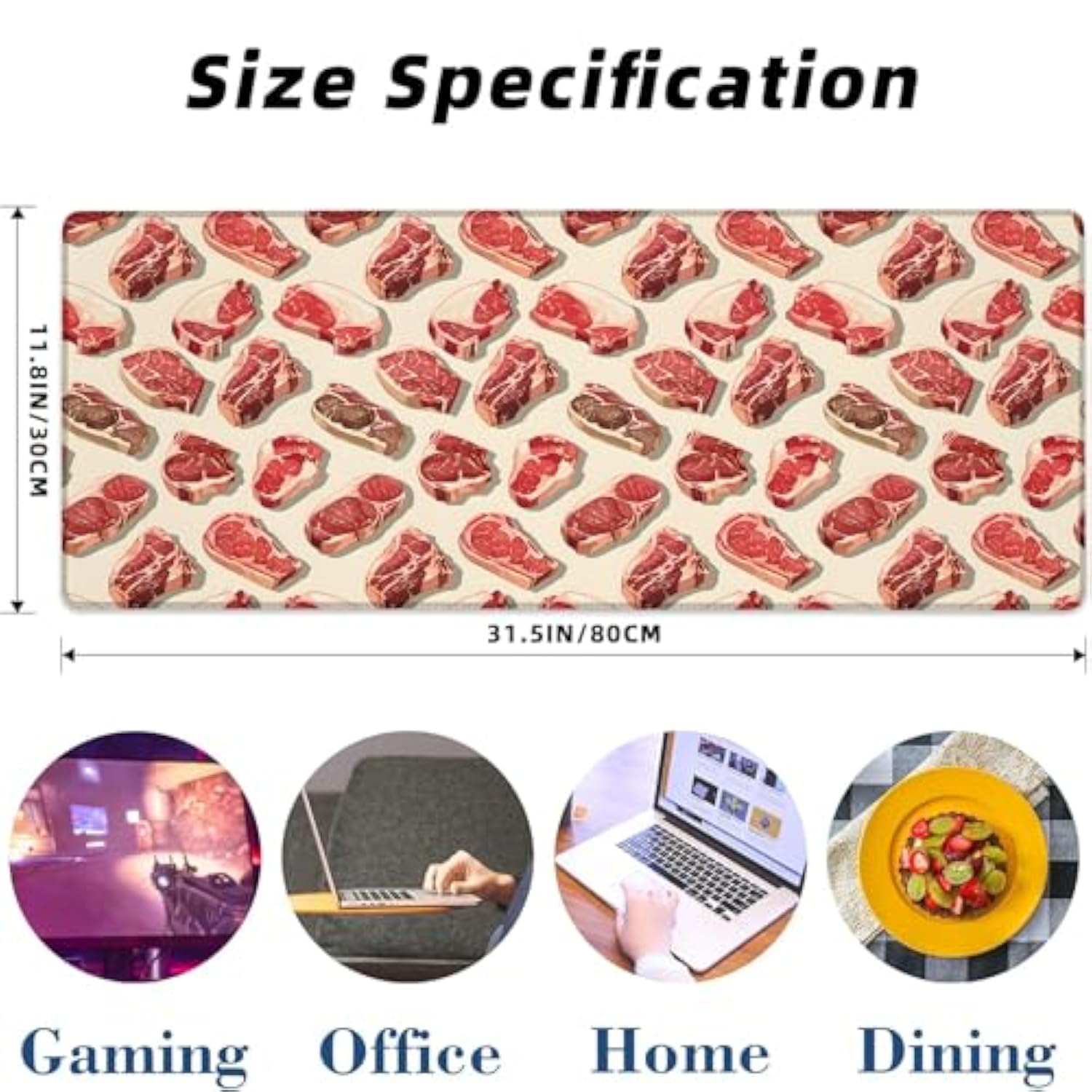 Steak Pattern Gaming Mouse Pad Extended Desk Computer Keyboard Laptop Meat Print Mouse Pads For Gaming Home Office Work, Large Long Desk Mat Mousepad With Non-Slip Rubber Base 31.5×11.8Inch